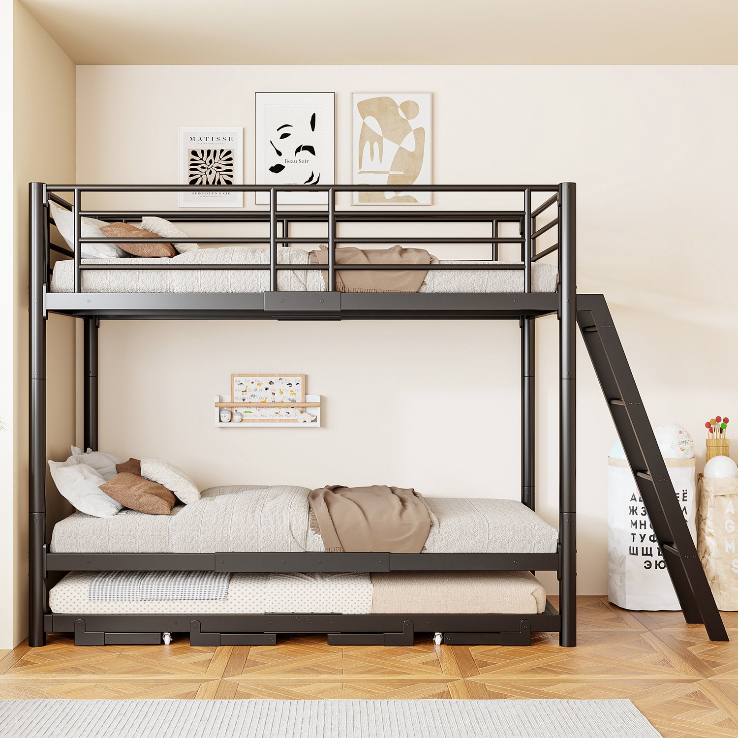 WUVRIE Metalen stapelbed 90x200 cm - Uitschuifbaar tot 180x200 cm - Zwart