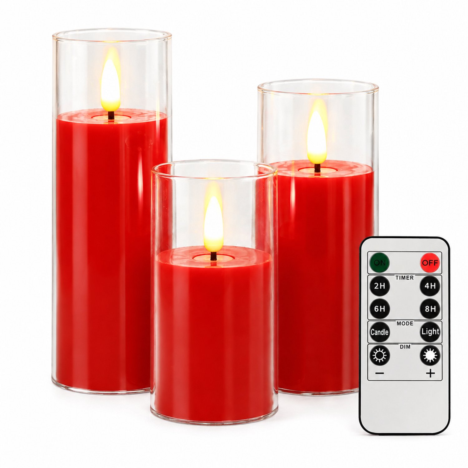 SWGOTA led kaarsen, set van 3, rood met transparante omhulling en afstandsbediening, diameter 5,5 cm, hoogtes 10/12,5/15 cm