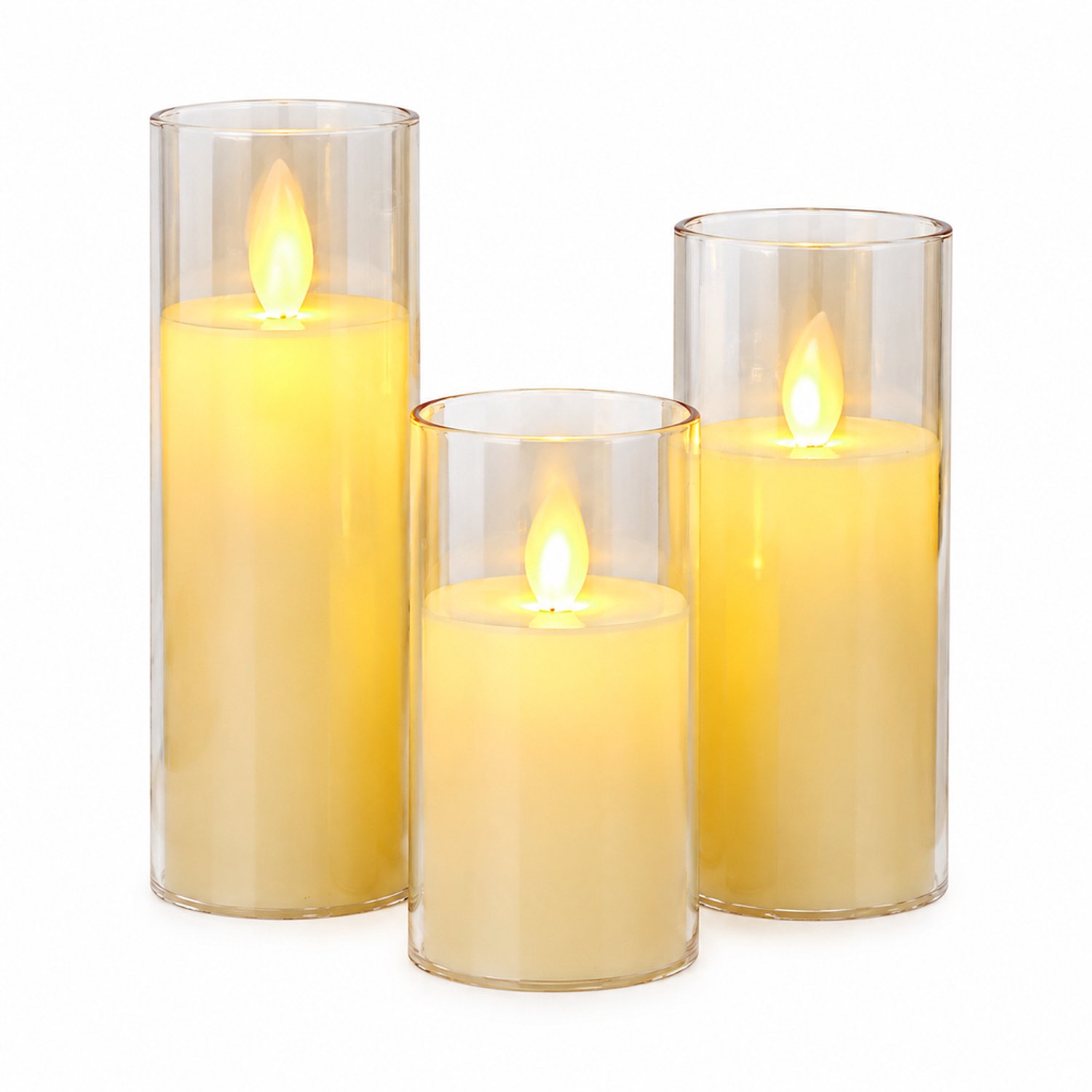 SWGOTA led kaarsen, set van 3, ivoorkleurig met bewegende vlam en transparante kap, diameter 5,5 cm, hoogtes 10/12,5/15 cm, voor kerstdecoratie