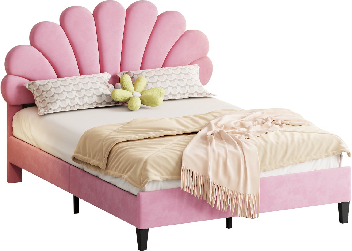 MUVANO Gestoffeerd bed 140 x 200 cm - roze tweepersoonsbed met bloemvormig hoofdbord, fluwelen bedbekleding en lattenbodem voor slaapkamer