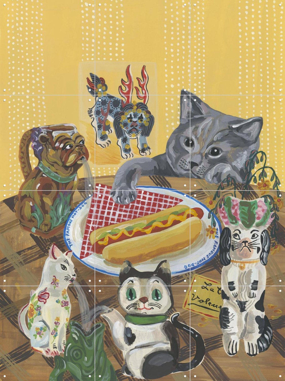 IXXI The Famous Hot Dog, Nathalie Lété - 60 x 80 cm - Grote wanddecoratie en posters - Speels, Illustraties, Eetkamer, Woonkamer, Dieren, Voedsel Geel
