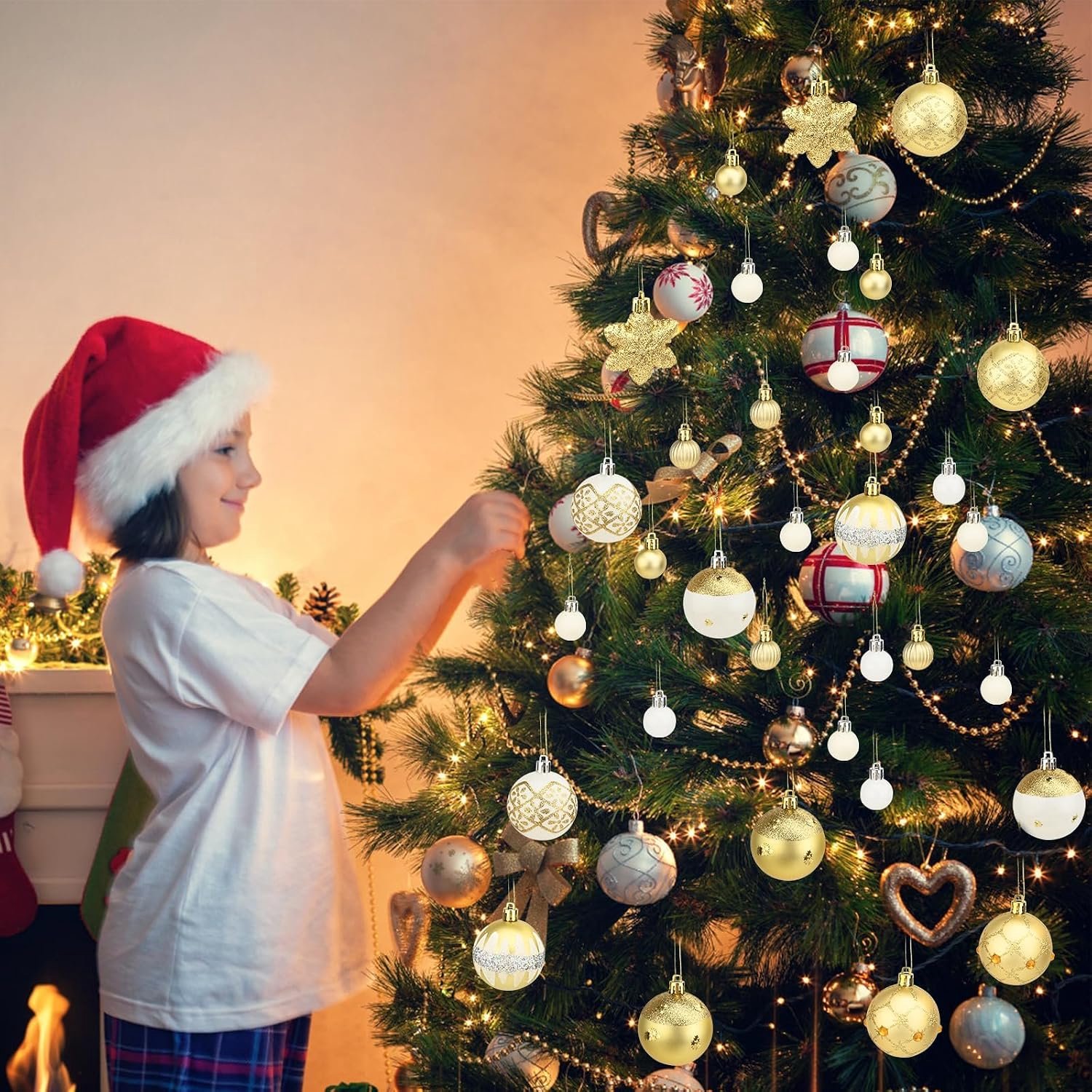 Kerstversiering – Set van 45 gouden kerstballen-met een diameter van 6 cm; decoratieve kunststof ornamenten voor in de kerstboom-ook geschikt voor gebruik in kransen-slingers en diverse andere kerstdecoraties-Rood-goud – foto 6
