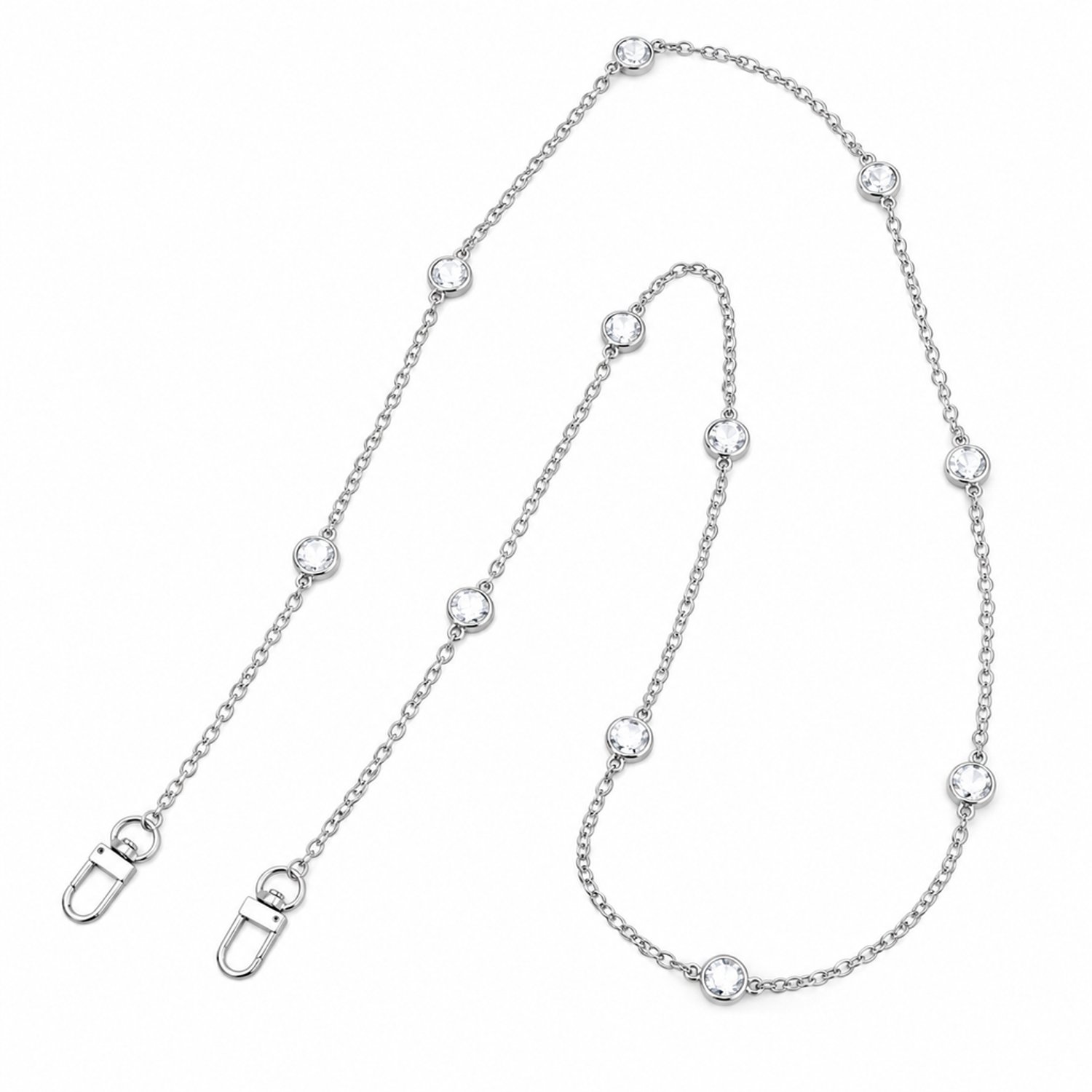 Telefoonkoord van 125 cm voor crossbodygebruik - metalen ketting met ronde transparante decoraties en twee sluitingen