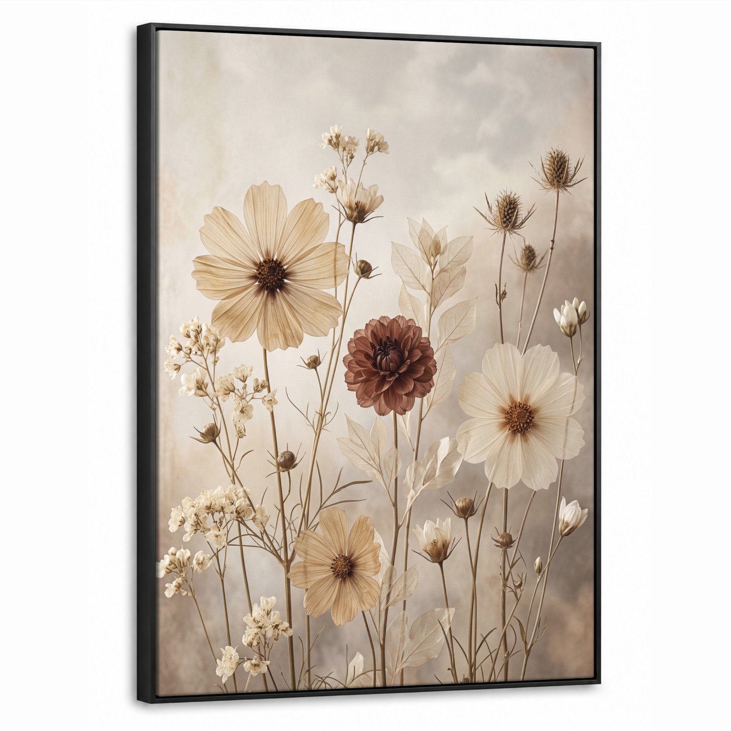 Canvas Schilderij met Baklijst 70x100cm - Wilde bloemen - Botanisch - Vintage - Natuur - Rustiek - Muurdecoratie woonkamer - Slaapkamer decoratie - Kamer accessoires - Schilderijen op canvas met lijst