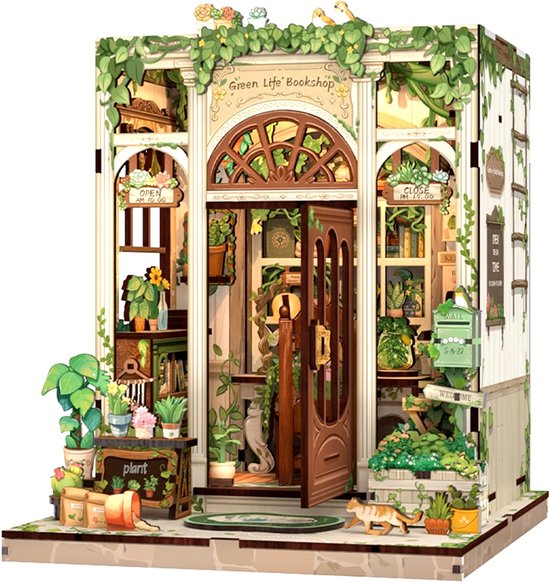 DIY "Boekenhoek" Bouwmodel - Mini Groene Boekhandel - 3D Houten Puzzel - Zelf in elkaar te zetten Huis - Miniatuur Scène Set - Model Speelgoed - Geschikt voor Boekenplanken en Woondecoratie - Inclusief LED-verlichting