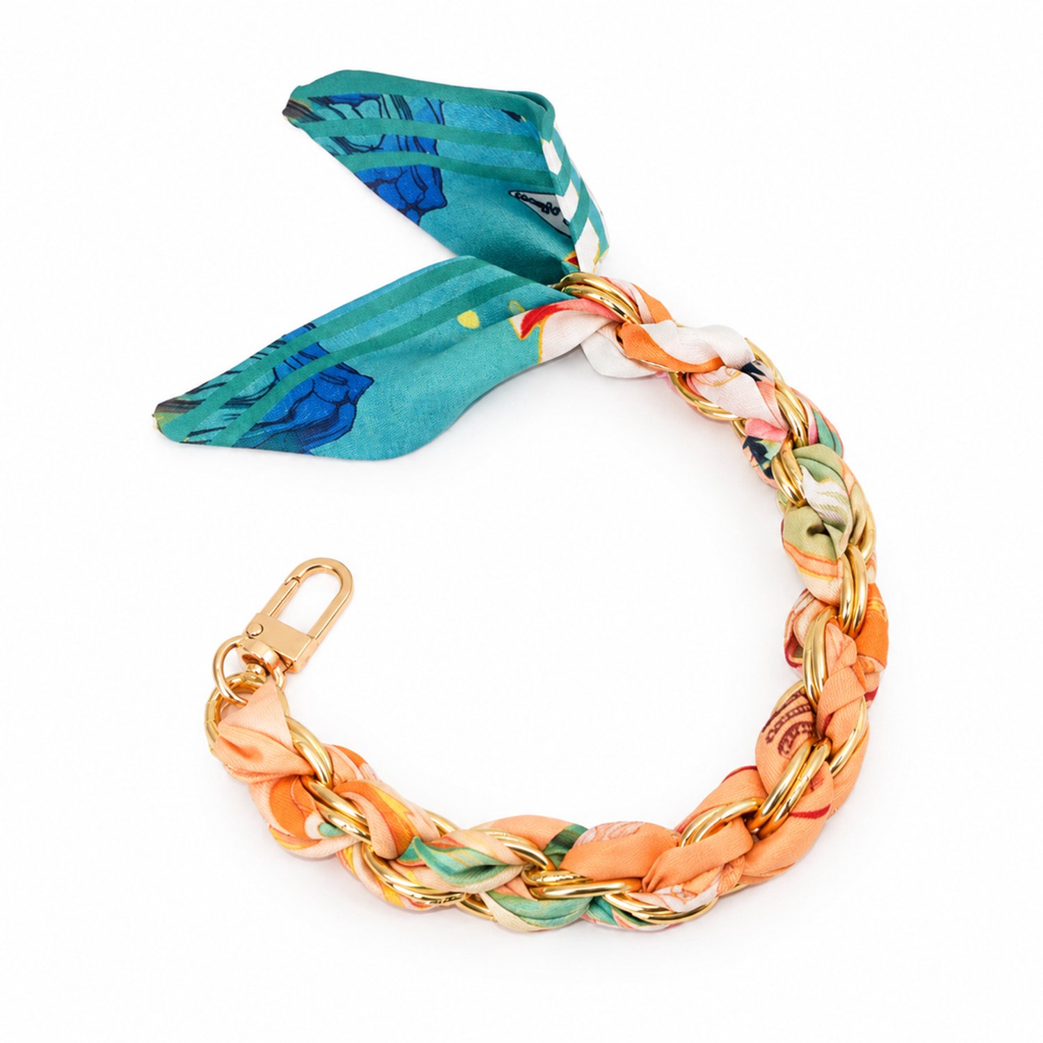 Telefoonkoord van 32 cm met landschapsmotief, gevlochten polyester en goudkleurige schakelketting, metalen sluiting, los verpakt