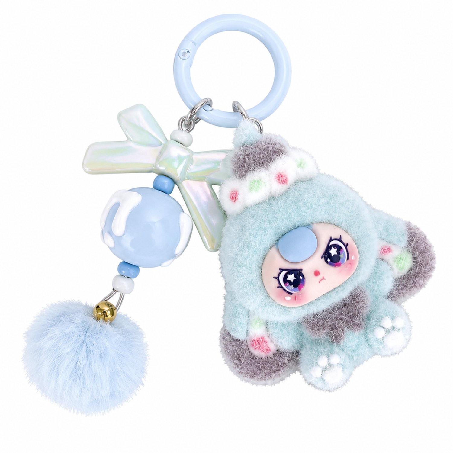Sleutelhanger met meerblauwe cartoonpop, gevlokte afwerking, ronde clipring, strik en pompon voor aan een tas
