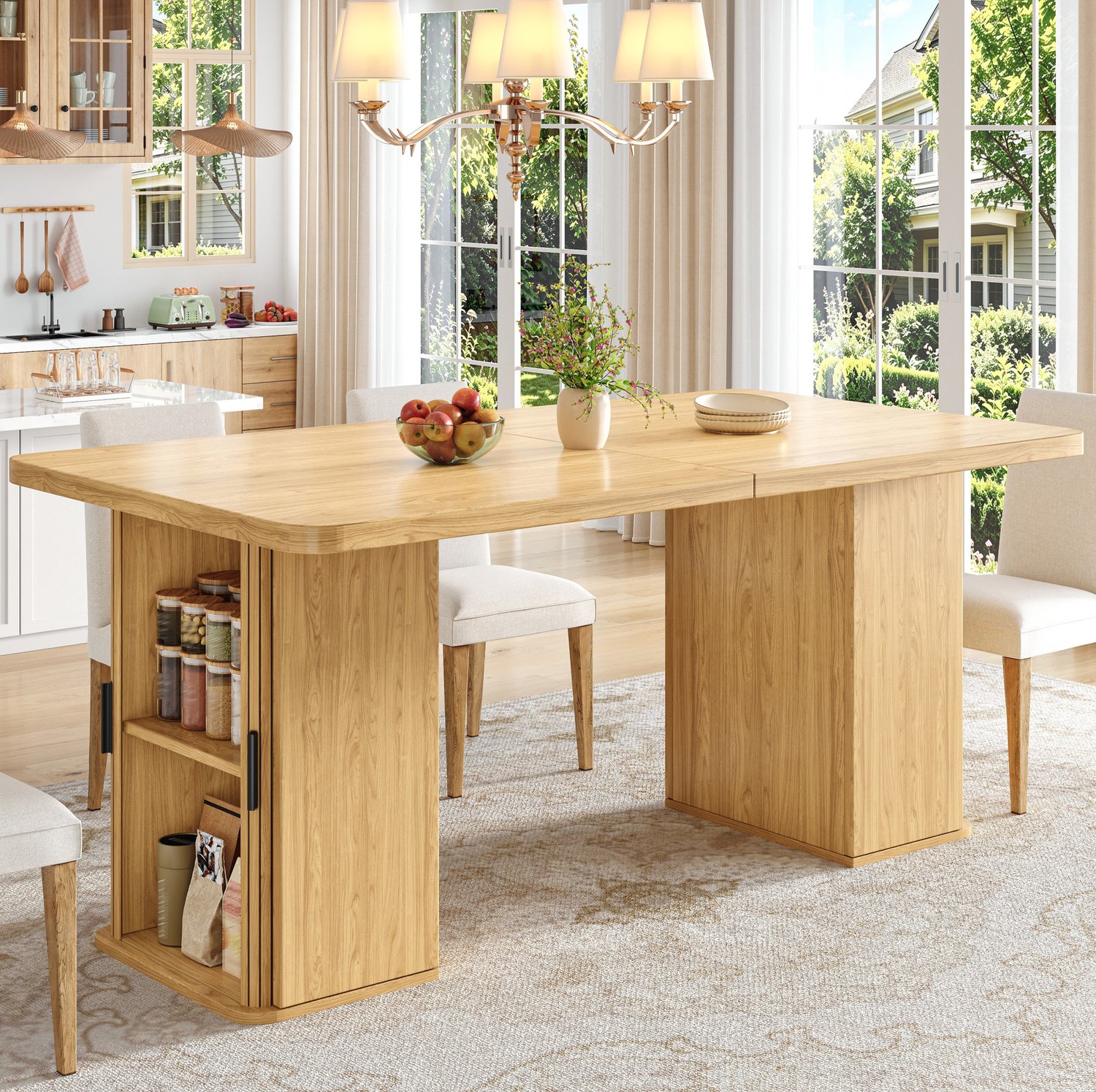 OKWISH Eettafel - Uitschuifbaar met Opbergruimte - Voor Eetkamer en Keuken - MDF en Metaal in Naturel Houtdecor - 140-180 x 80 x 75 cm Naturel houtkleur