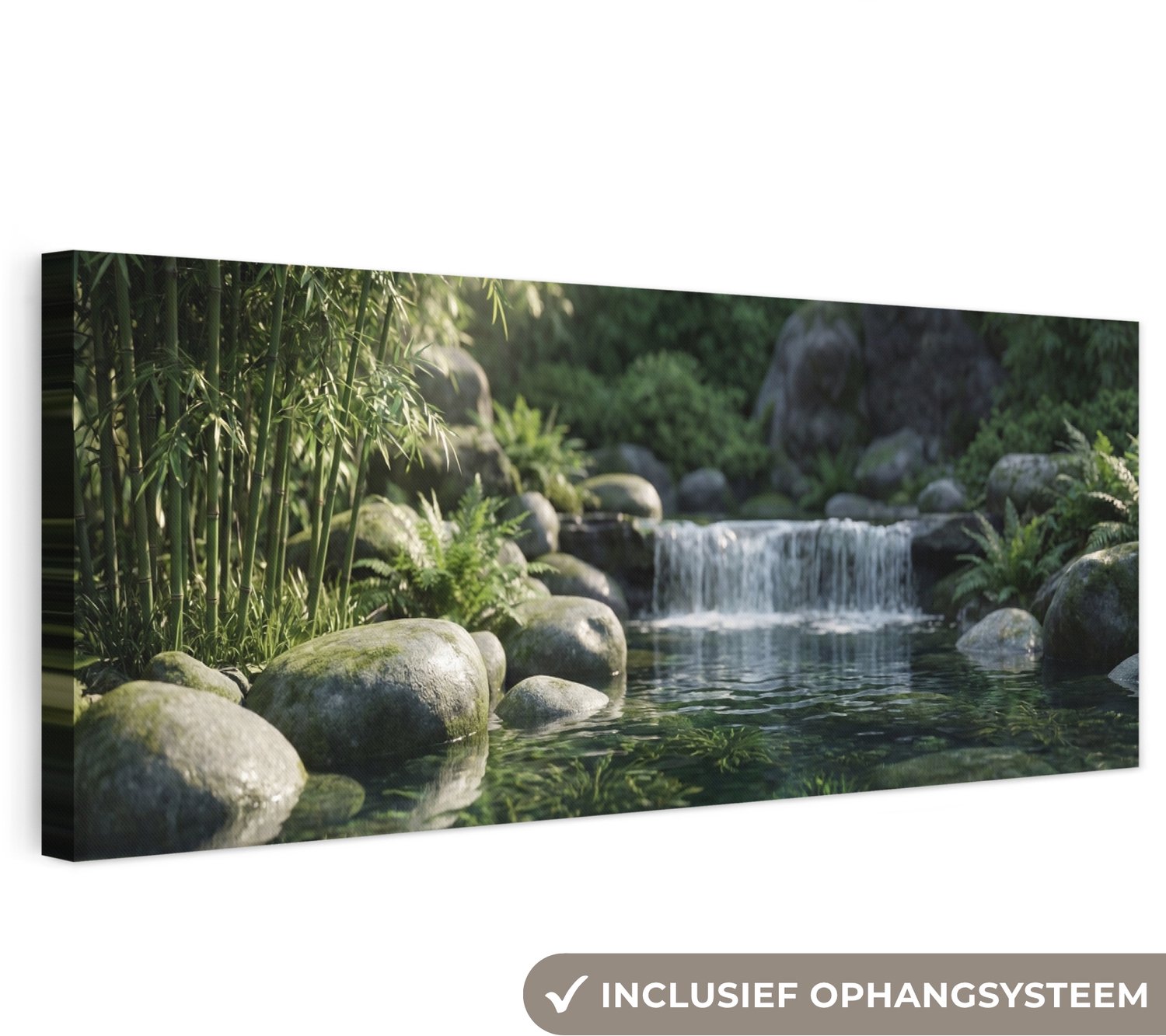 Canvas schilderij 90x30 cm - Exclusieve wanddecoratie Beek - Waterval - Natuur - Groen - Muurdecoratie woonkamer - Slaapkamer decoratie - Kamer accessoires - Schilderijen op canvas