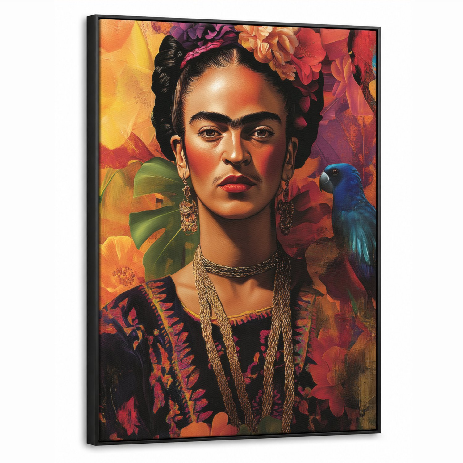 Canvas Schilderij met Baklijst 70x100cm - Vrouw - Bloemen - Papegaai - Schilderachtig - Muurdecoratie woonkamer - Slaapkamer decoratie - Kamer accessoires - Schilderijen op canvas met lijst