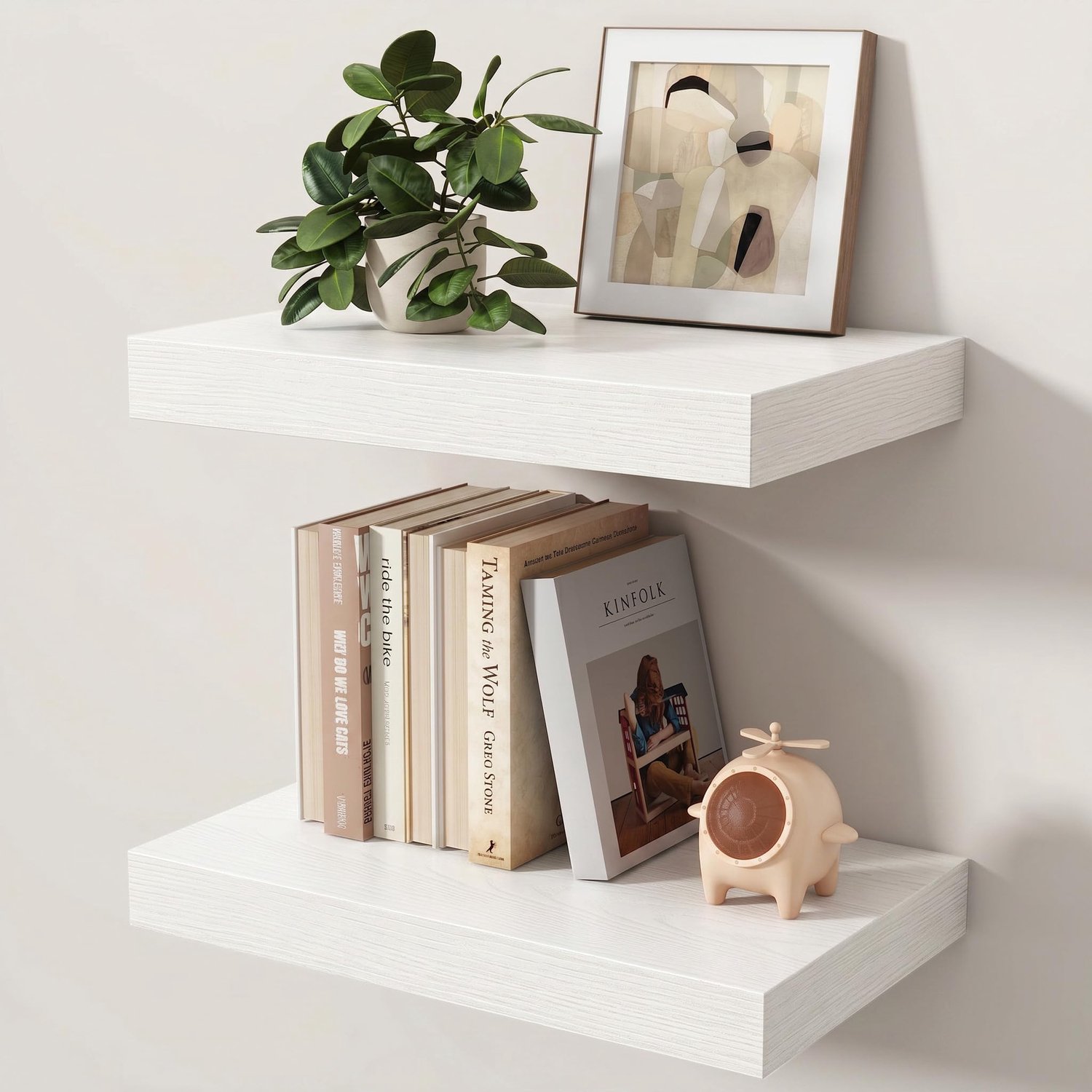 Famanu Zwevende planken set van 2, 40 cm wandplanken met onzichtbare beugels, stevige houten planken voor keuken, badkamer en woonkamer, perfect voor het tentoonstellen van decoraties en boeken wit