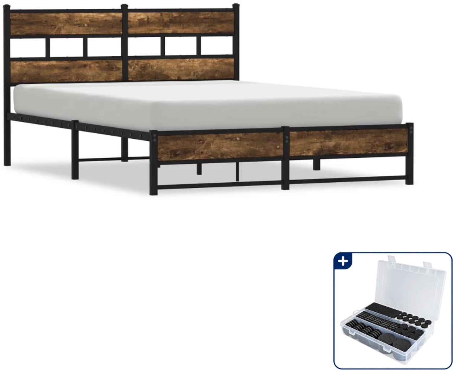 vidaXL bedframe - 135 x 190 cm - staal en bewerkt hout - gerookt eiken - Inclusief antikrasvilt 177-delig Bruin