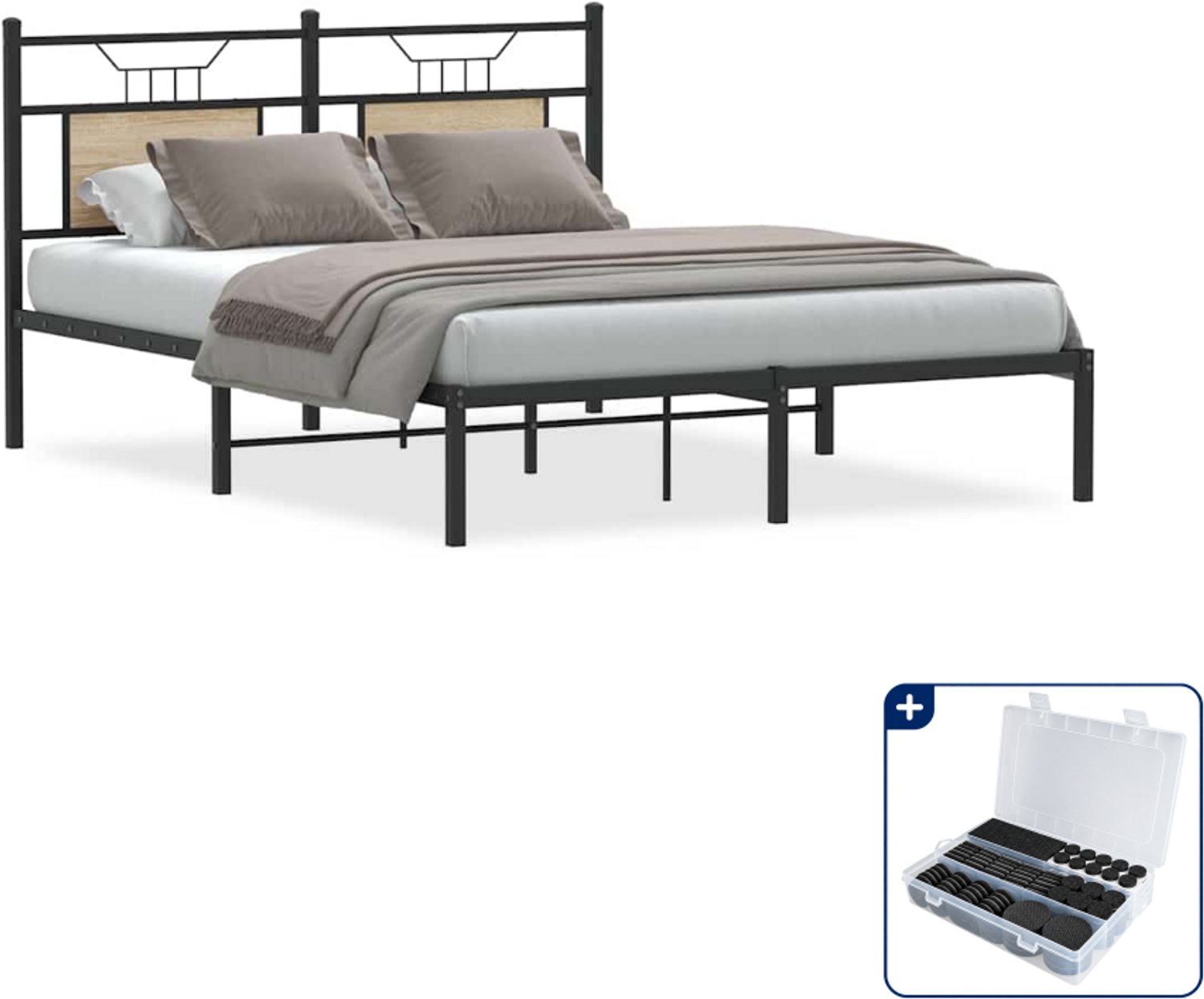 vidaXL bedframe - Small double - 140 x 200 cm - sonoma eiken - Inclusief antikrasvilt 177-delig Bruin