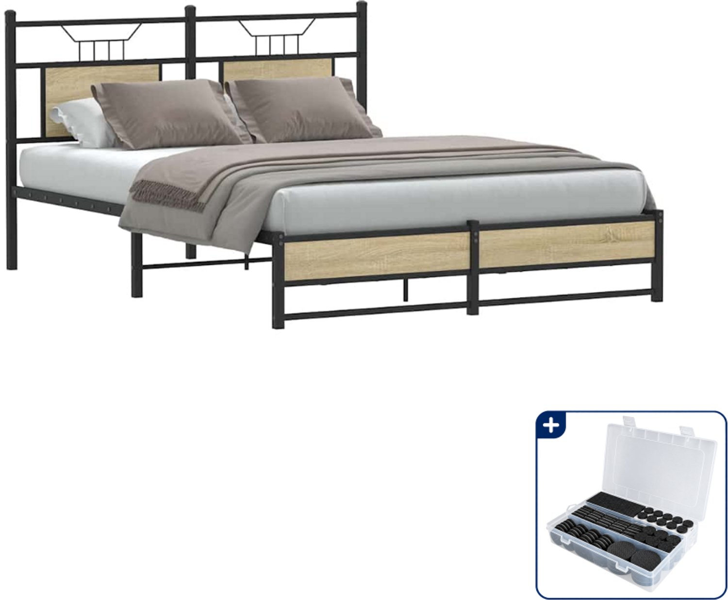 vidaXL bedframe - 150 x 200 cm - bewerkt hout en staal - sonoma eiken - Inclusief antikrasvilt 177-delig Bruin