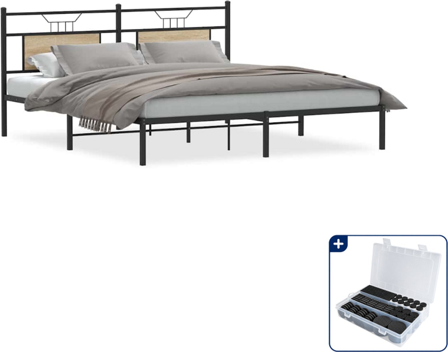 vidaXL bedframe - 183 x 213 cm - bewerkt hout en staal - sonoma eiken - Inclusief antikrasvilt 177-delig Bruin