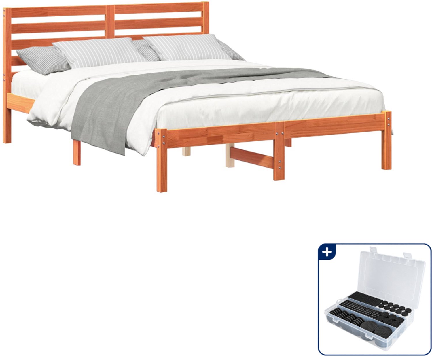 vidaXL Bedframe - 135 x 190 cm - massief grenenhout - wasbruin - Inclusief antikrasvilt 177-delig