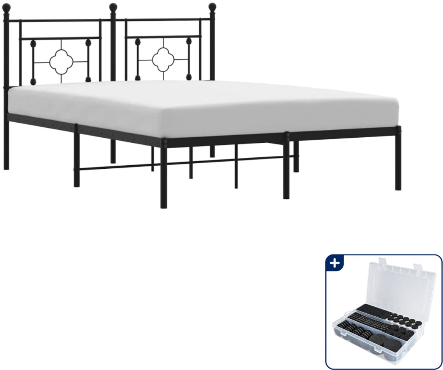 vidaXL bedframe met hoofdbord - 135 x 190 cm - staal - zwart - Inclusief antikrasvilt 177-delig