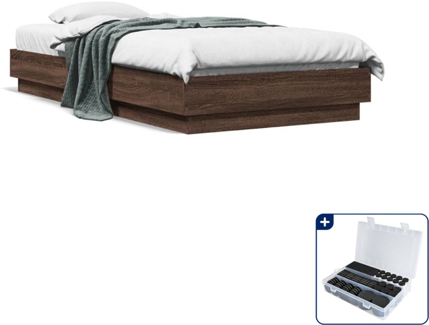 vidaXL bedframe - 75 x 190 cm - bewerkt hout - bruineiken - Inclusief antikrasvilt 177-delig