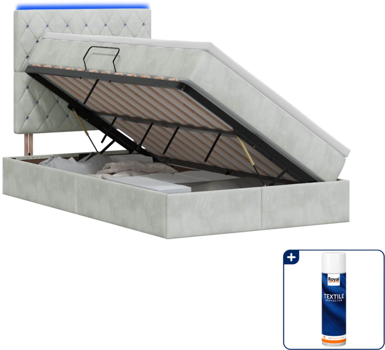 vidaXL LED opslagbed met matras - 120 x 200 cm - fluweel - lichtgrijs - Inclusief textielbeschermer 500 ml