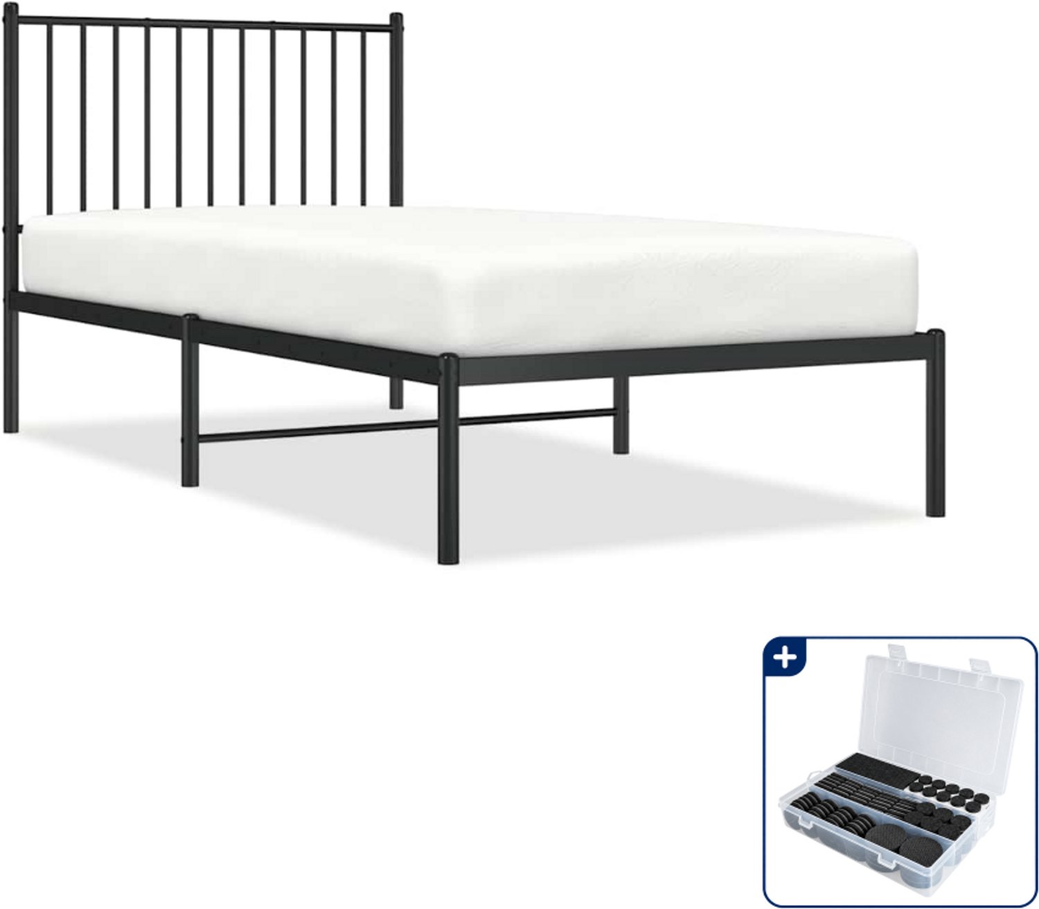 vidaXL bedframe met hoofdbord - 90 x 190 cm - staal - zwart - Inclusief antikrasvilt 177-delig