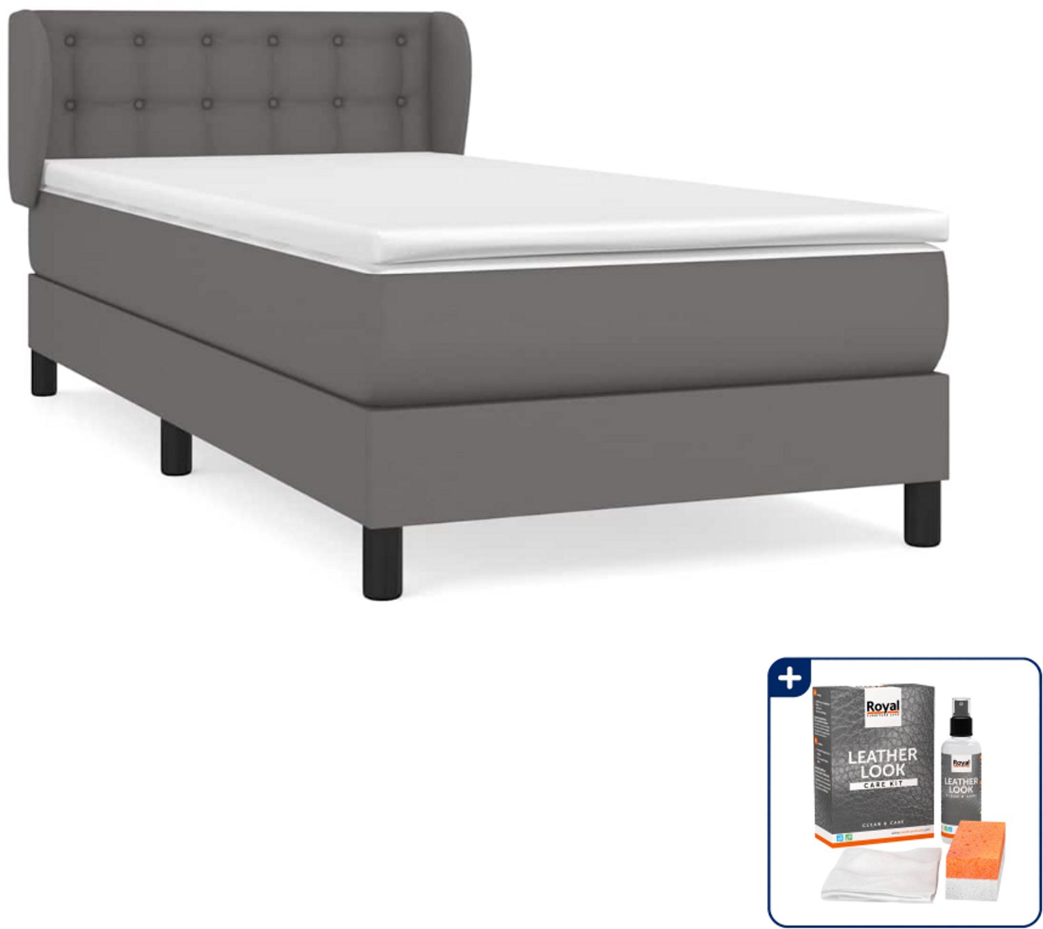 vidaXL boxspring met matras - 90 x 200 cm - kunstleer - grijs - Inclusief onderhoudsset voor kunstleer 150 ml