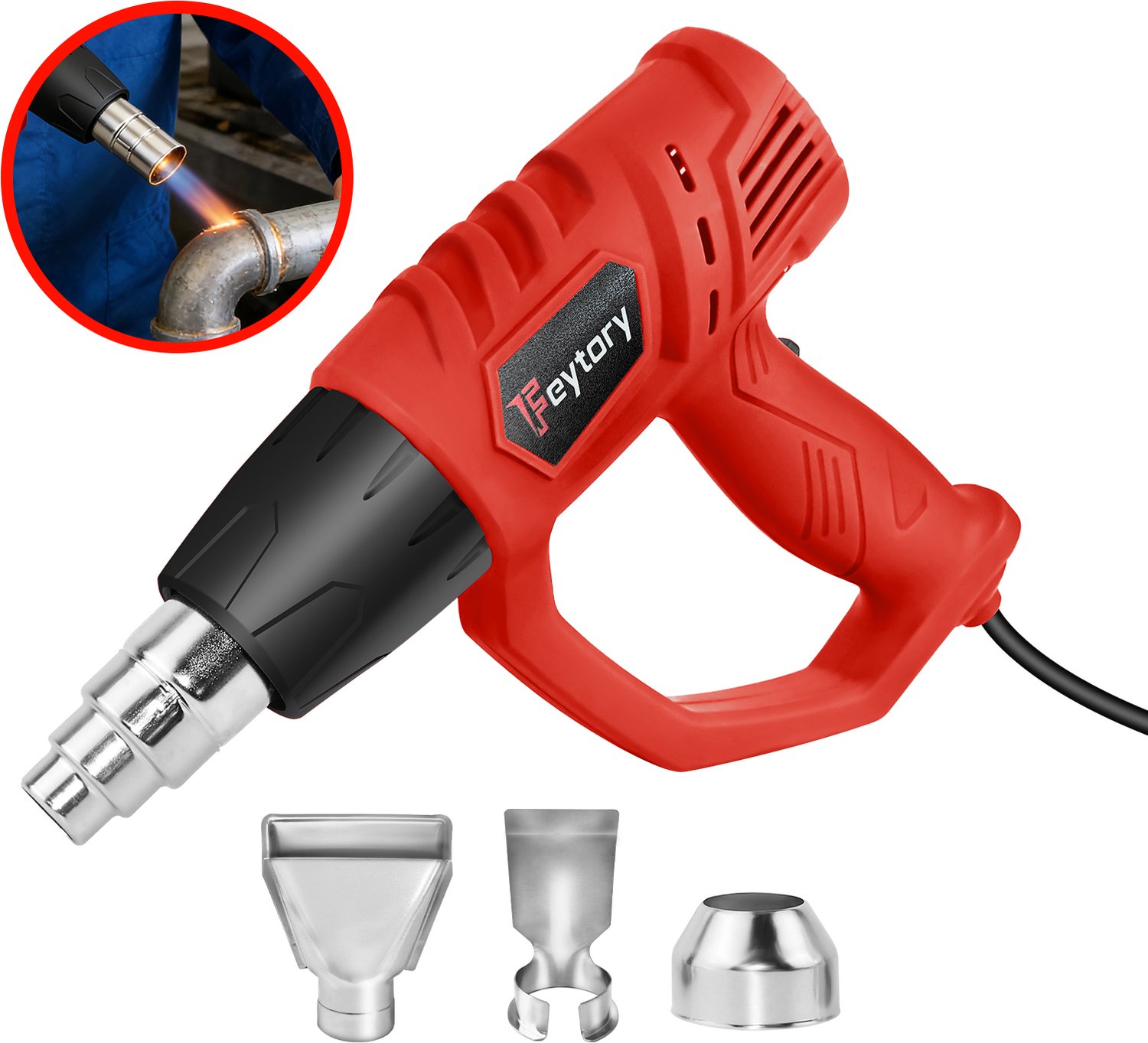 Heteluchtpistool 2 standen temperatuurregeling, met 4 opzetstukken, 1,8m kabel, voor krimpkousen, verf verwijderen, kunststof lassen en ontdooien