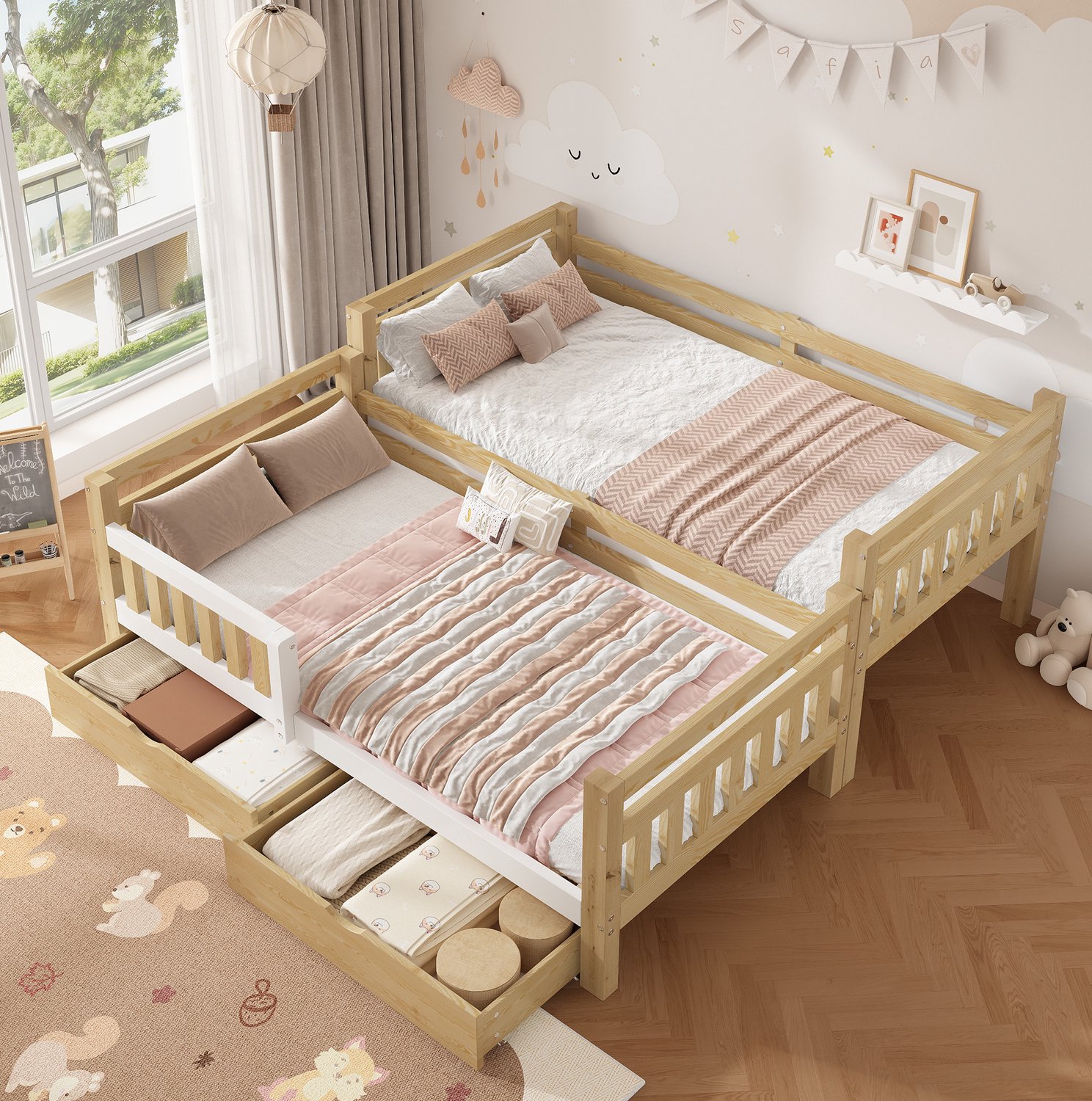 Wishdor Stapelbed 90x200 cm - Deelbaar in twee eenpersoonsbedden - Ladder en verhoogde uitvalbeveiliging - Twee opberglades - Kinderkamer - Hout en MDF - Wit en naturel Naturel en wit