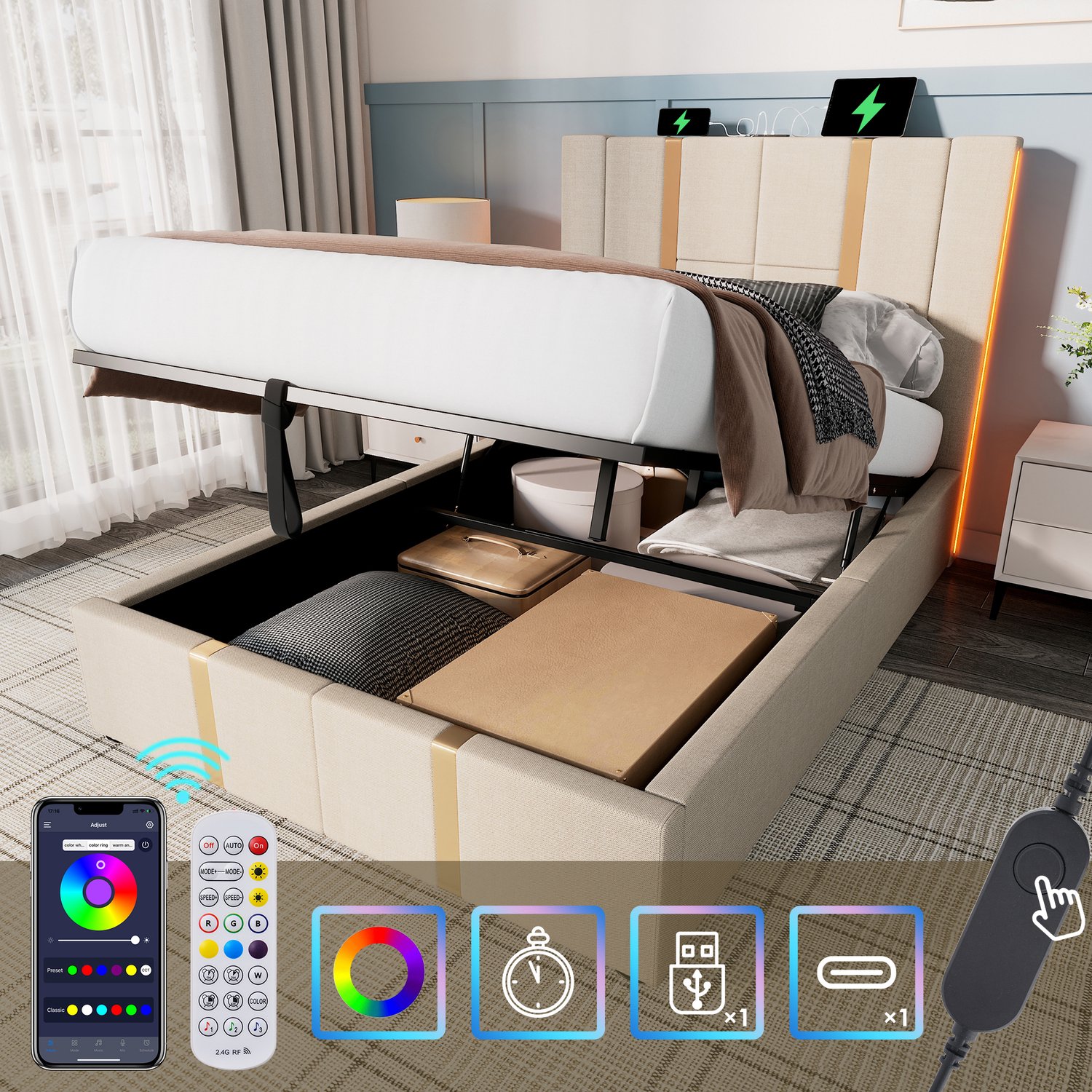 Vovtenza Gestoffeerd bed met USB Type-C oplaadfunctie - app-bediening - ledverlichting - eenpersoonsbed 90x200 cm - bedframe met opbergruimte - lattenbodem van hout - beige linnen bekleding (matras niet inbegrepen)