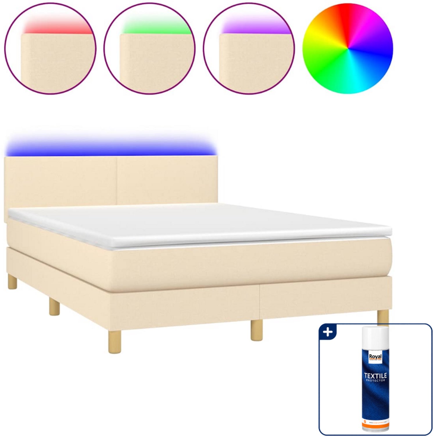 vidaXL boxspring met matras en LED - 140 x 190 cm - crèmekleurig - Inclusief textielbeschermer 500 ml