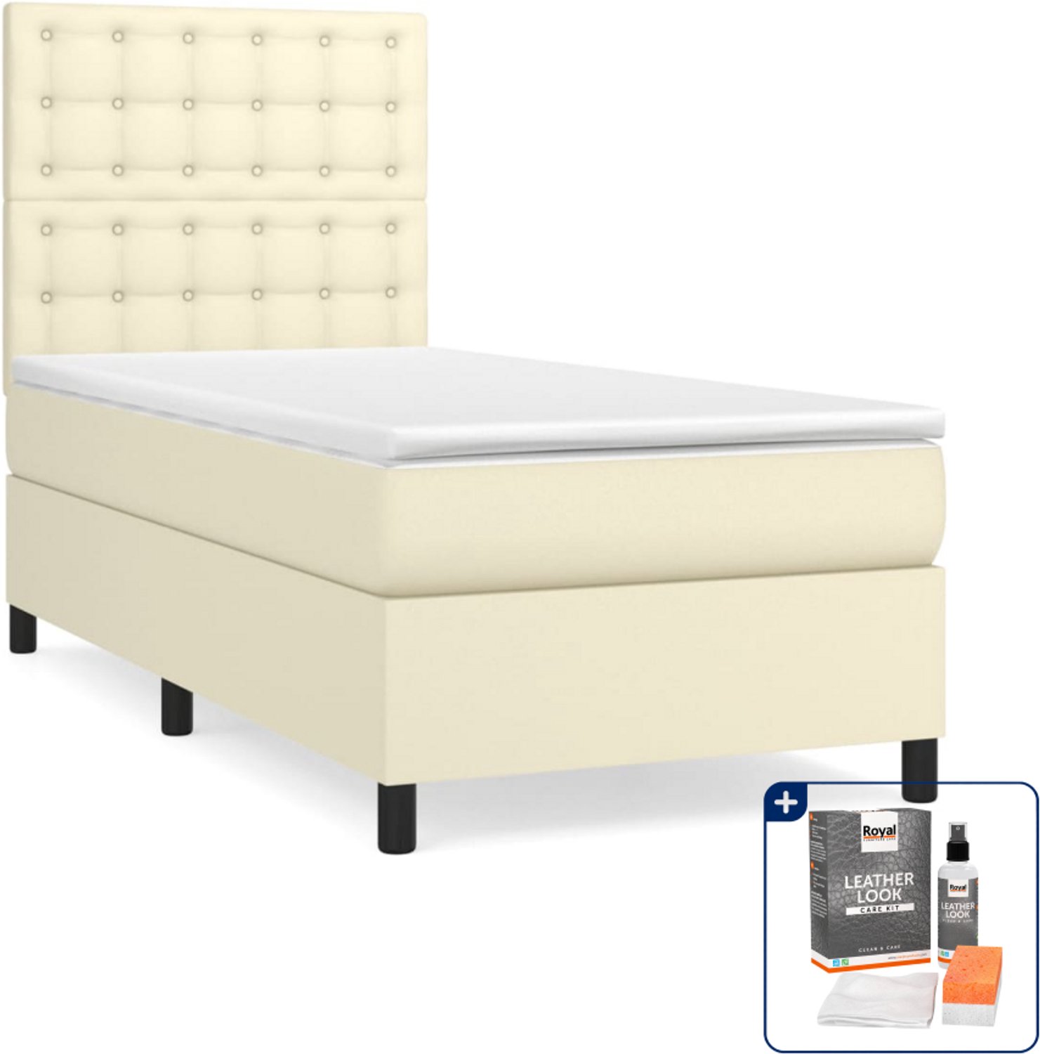 vidaXL boxspring met matras - 80 x 200 cm - kunstleer - crème - Inclusief onderhoudsset voor kunstleer 150 ml