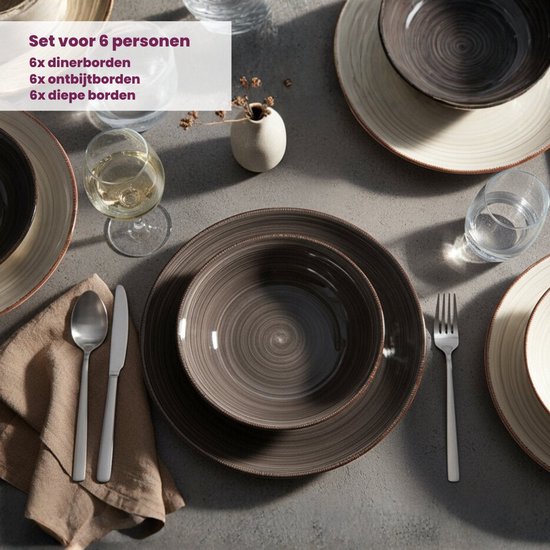 Cookinglife Serviesset Delice Grijs 18-delig - 6 Personen - Bevat 6 Dinerborden, 6 Diepe Borden en 6 Ontbijtborden - Aardewerk met Subtiele Grijze Glazuurlaag - Vaatwasser- en Magnetronbestendig - Tijdloos, Neutraal en Perfect voor Elke Tafelsetting — afbeelding 3
