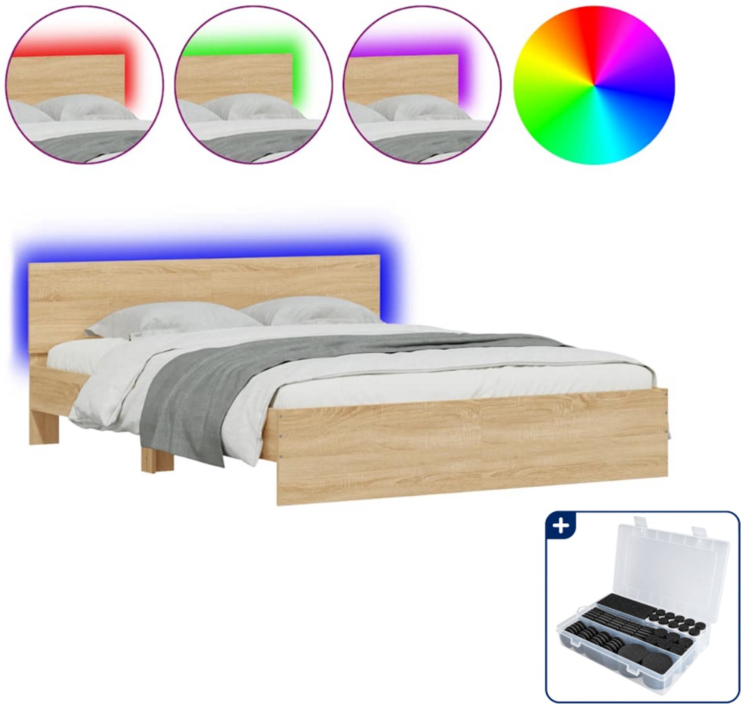 vidaXL bedframe met LED - 150 x 200 cm - sonoma eikenkleurig - Inclusief antikrasvilt 177-delig Wit