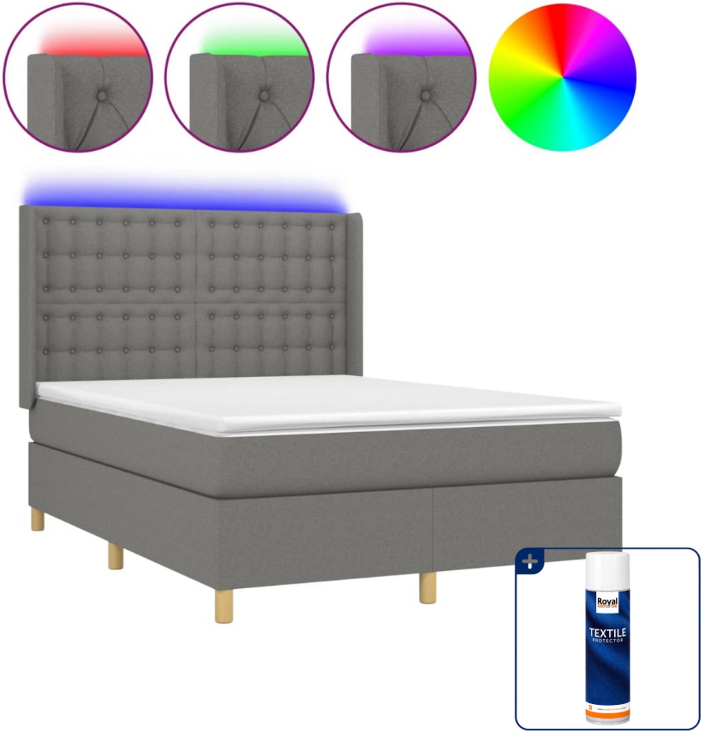 vidaXL boxspring met matras en led - Small double - donkergrijs - Inclusief textielbeschermer 500 ml