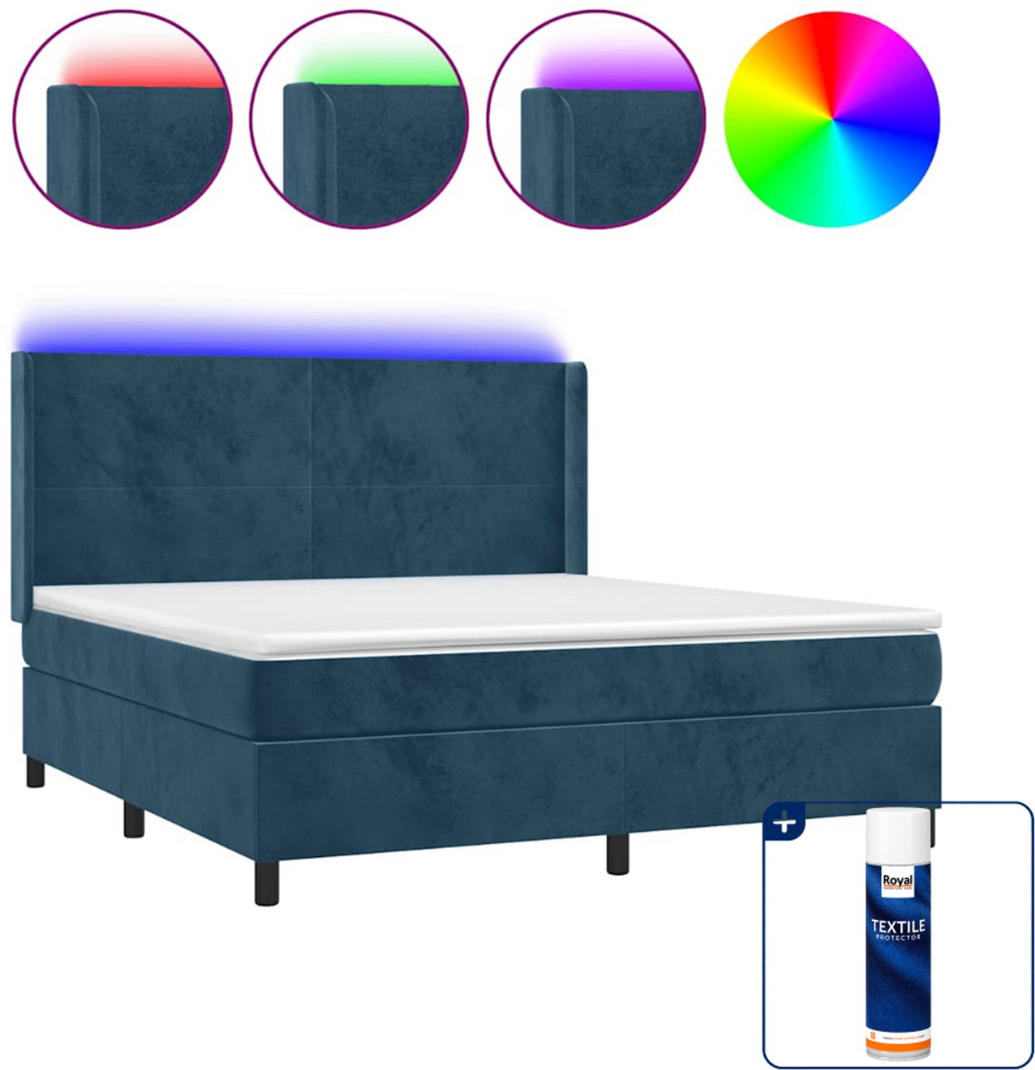 vidaXL Queensize boxspring met matras en LED - 160 x 200 cm - donkerblauw - Inclusief textielbeschermer 500 ml