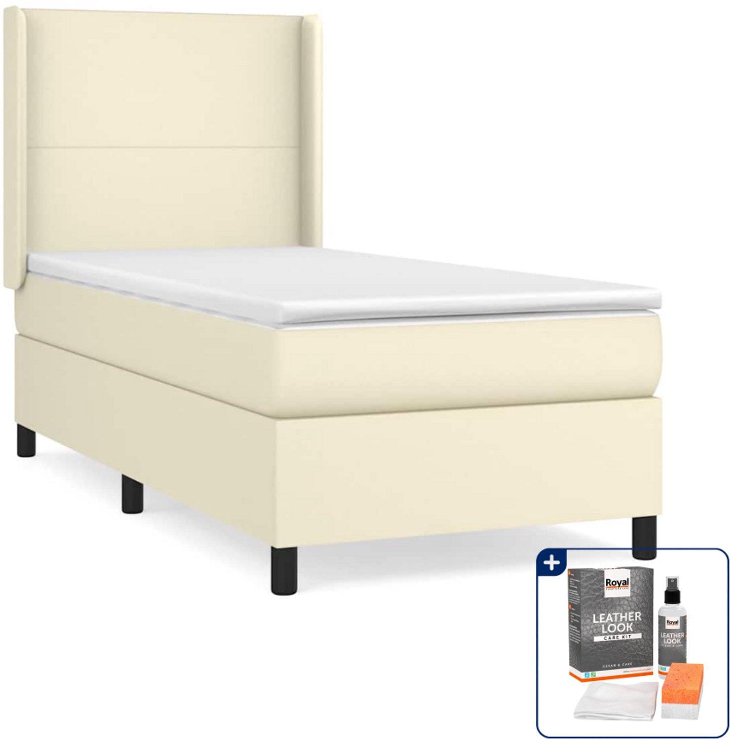 vidaXL boxspring met matras 90 x 200 cm - kunstleer - crème - Inclusief onderhoudsset voor kunstleer 150 ml
