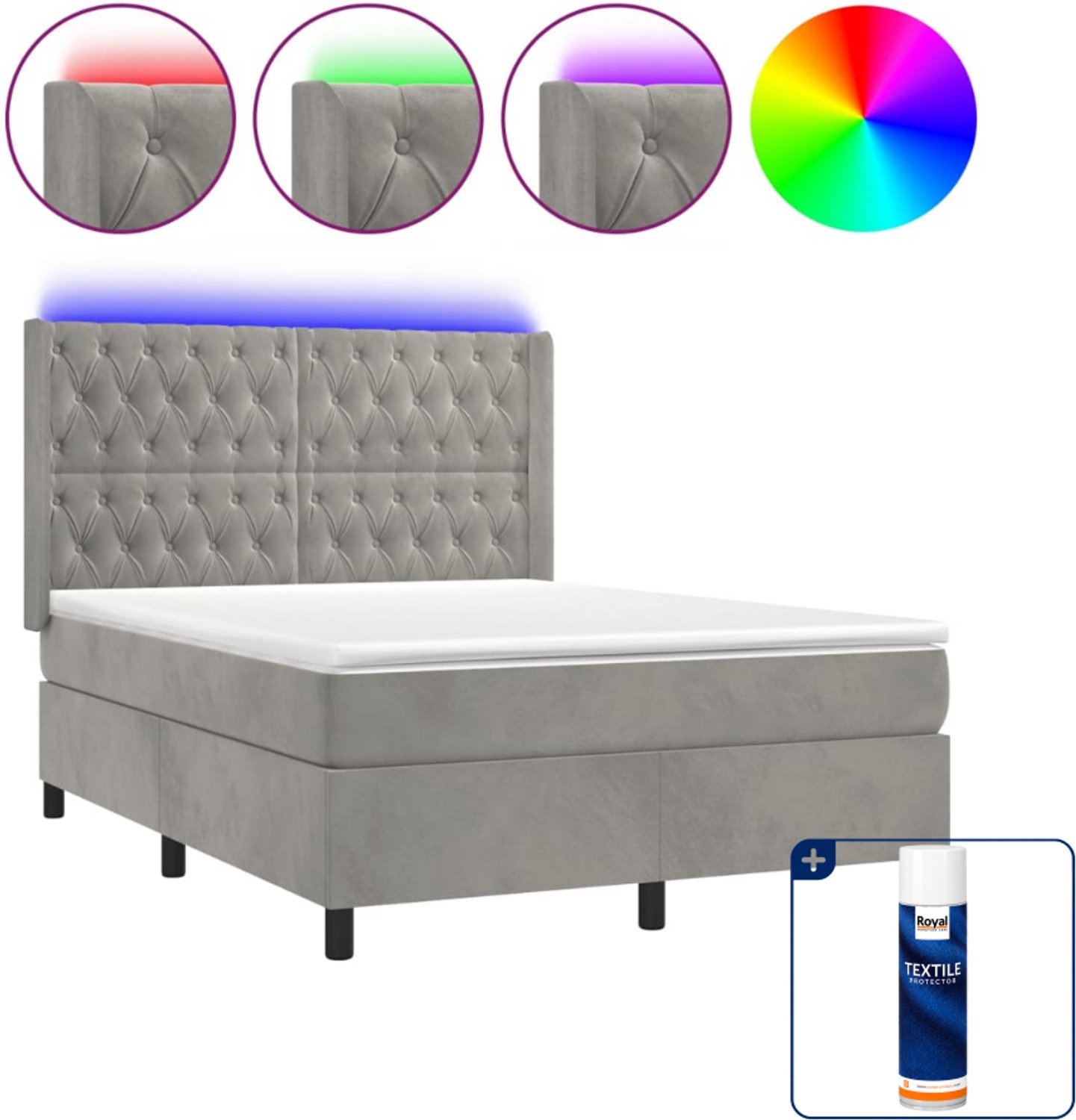 vidaXL Boxspring - 140 x 190 cm - fluweel - lichtgrijs - Inclusief textielbeschermer 500 ml