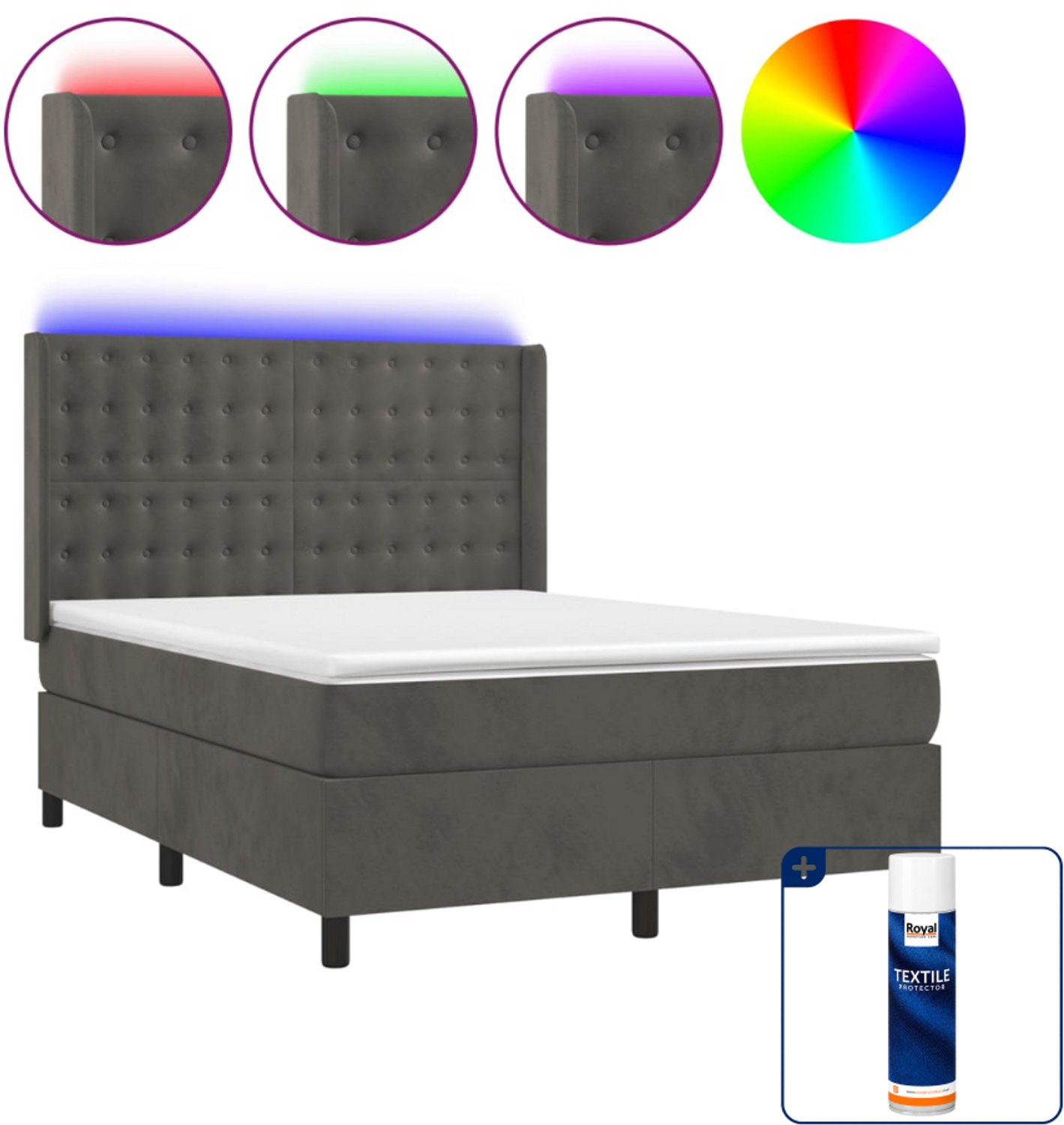 vidaXL Boxspring met matras en LED - 140 x 190 cm - fluweel - donkergrijs - Inclusief textielbeschermer 500 ml