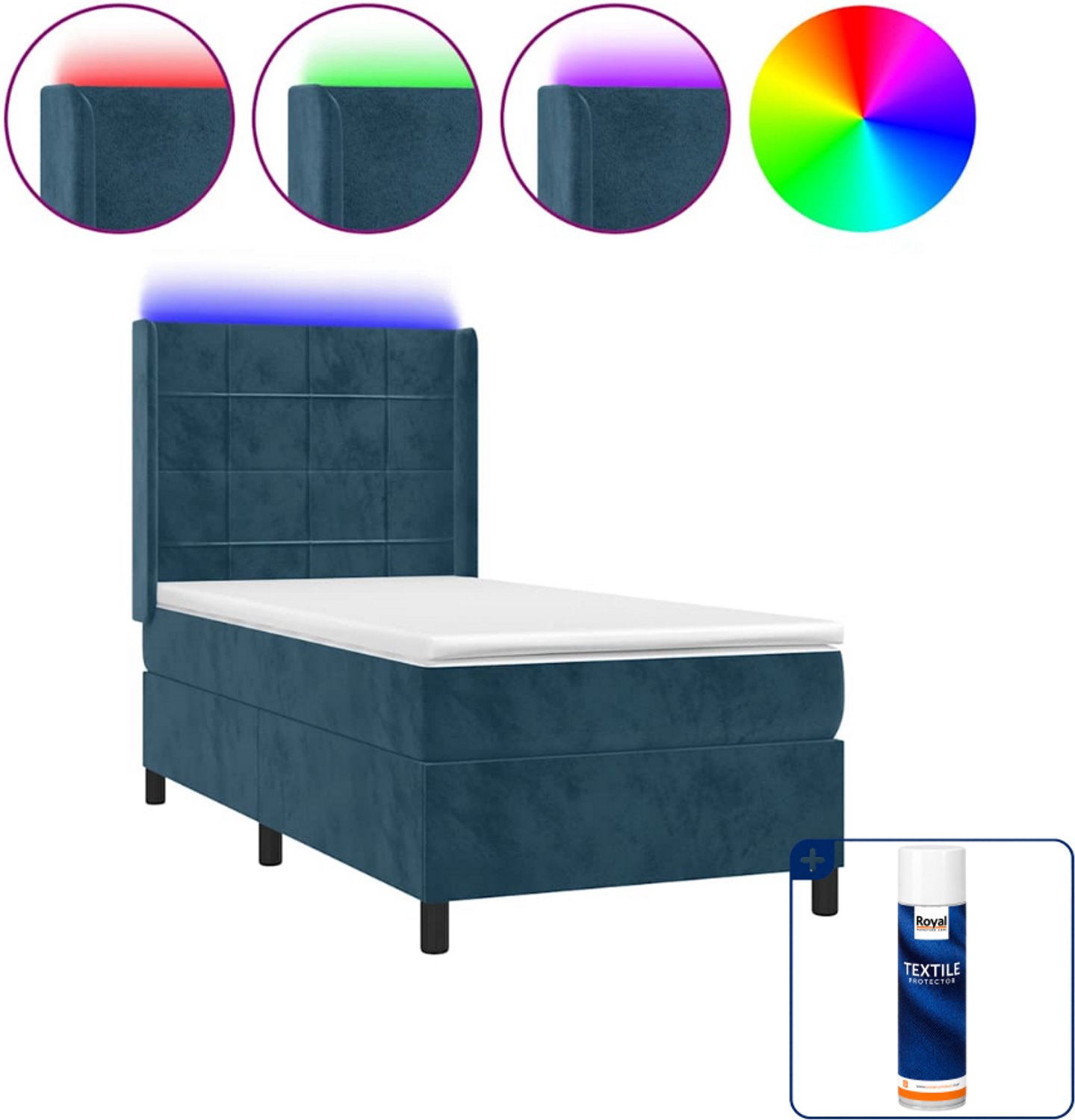 vidaXL boxspring met matras en led - 90 x 200 cm - fluweel - donkerblauw - Inclusief textielbeschermer 500 ml
