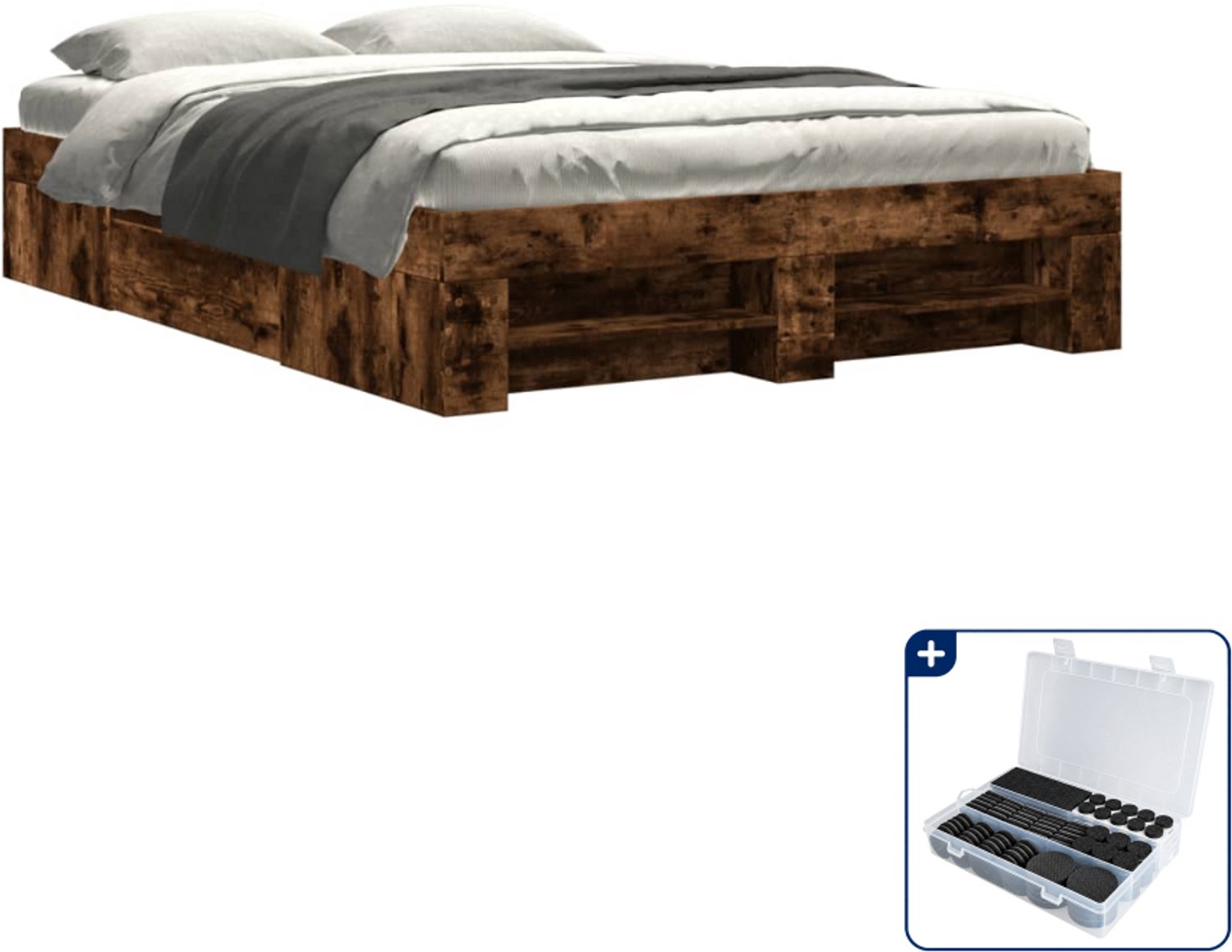 vidaXL bedframe - 120 x 190 cm - bewerkt hout - gerookt eiken - Inclusief antikrasvilt 177-delig Bruin
