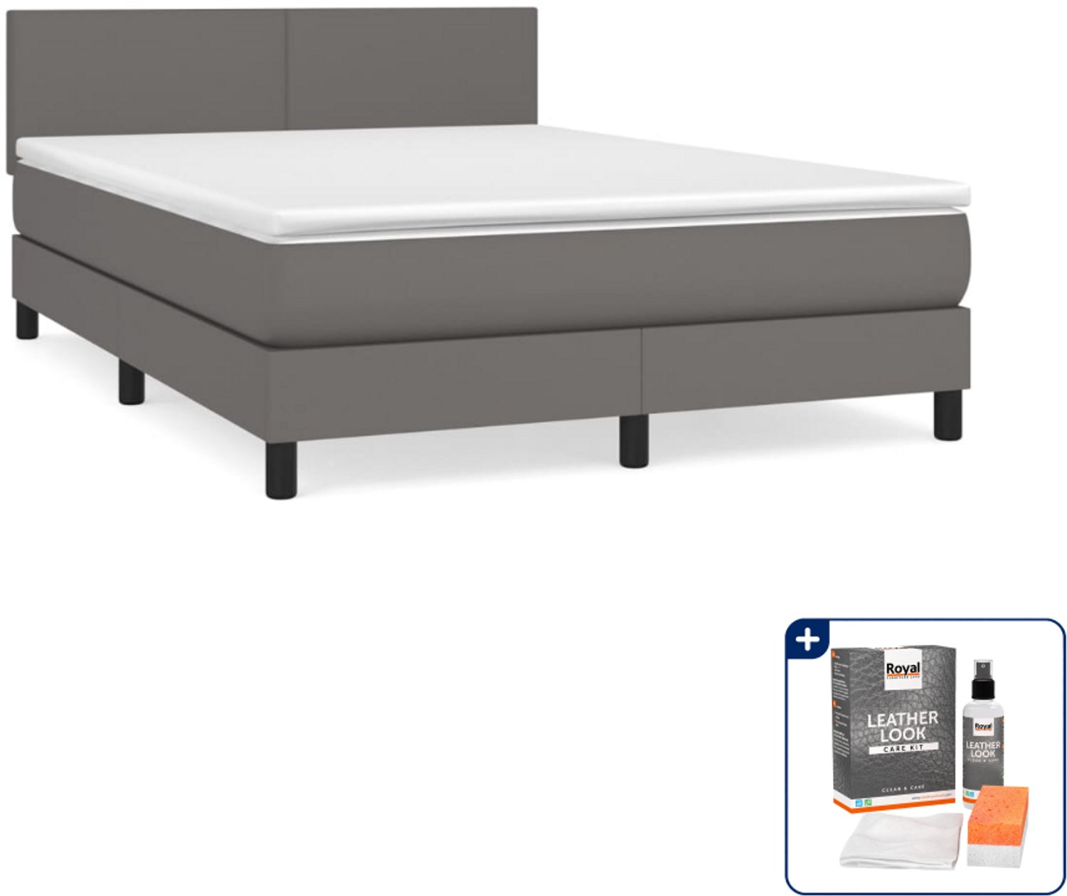 vidaXL boxspring met matras - 140 x 190 cm - kunstleer - grijs - Inclusief onderhoudsset voor kunstleer 150 ml