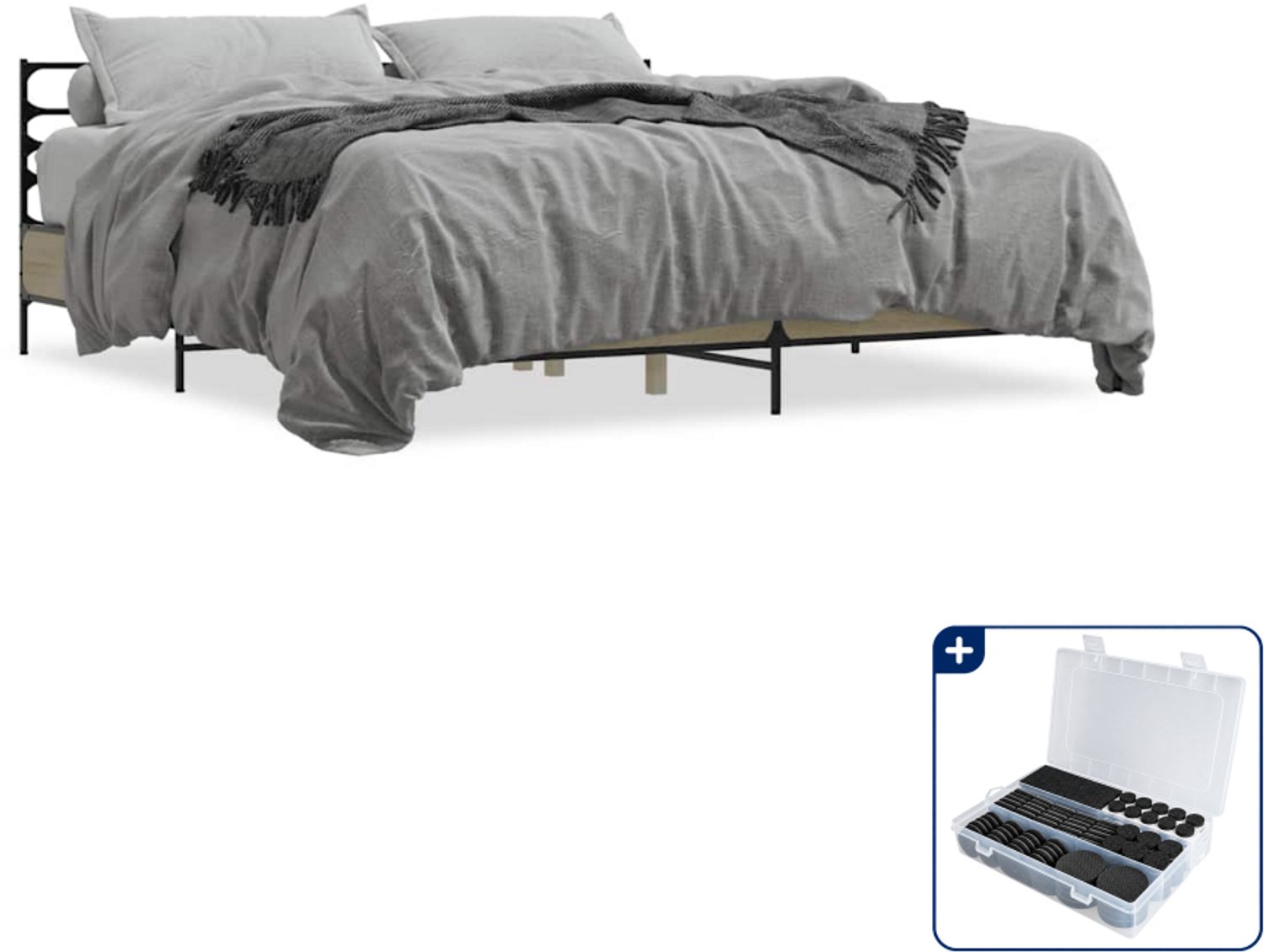 vidaXL Bedframe - 200 x 200 cm - bewerkt hout en metaal - sonoma eiken - Inclusief antikrasvilt 177-delig Grijs