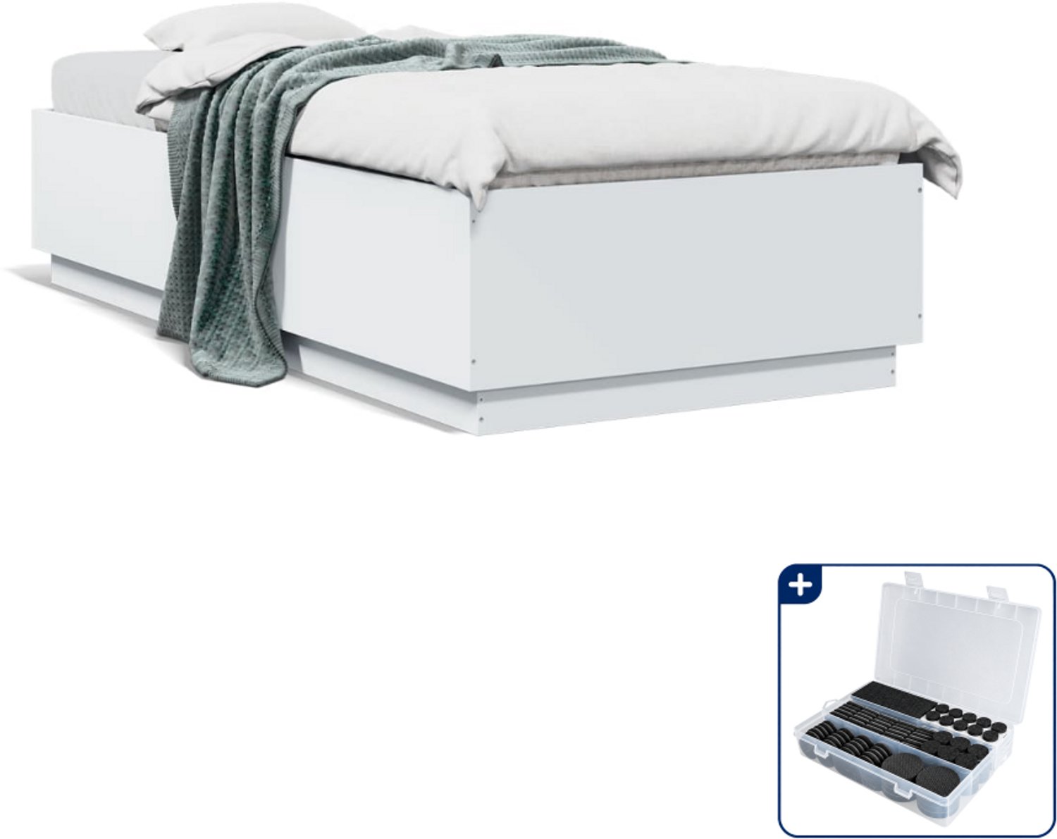 vidaXL bedframe - 90 x 200 cm - bewerkt hout - wit - Inclusief antikrasvilt 177-delig Blauw