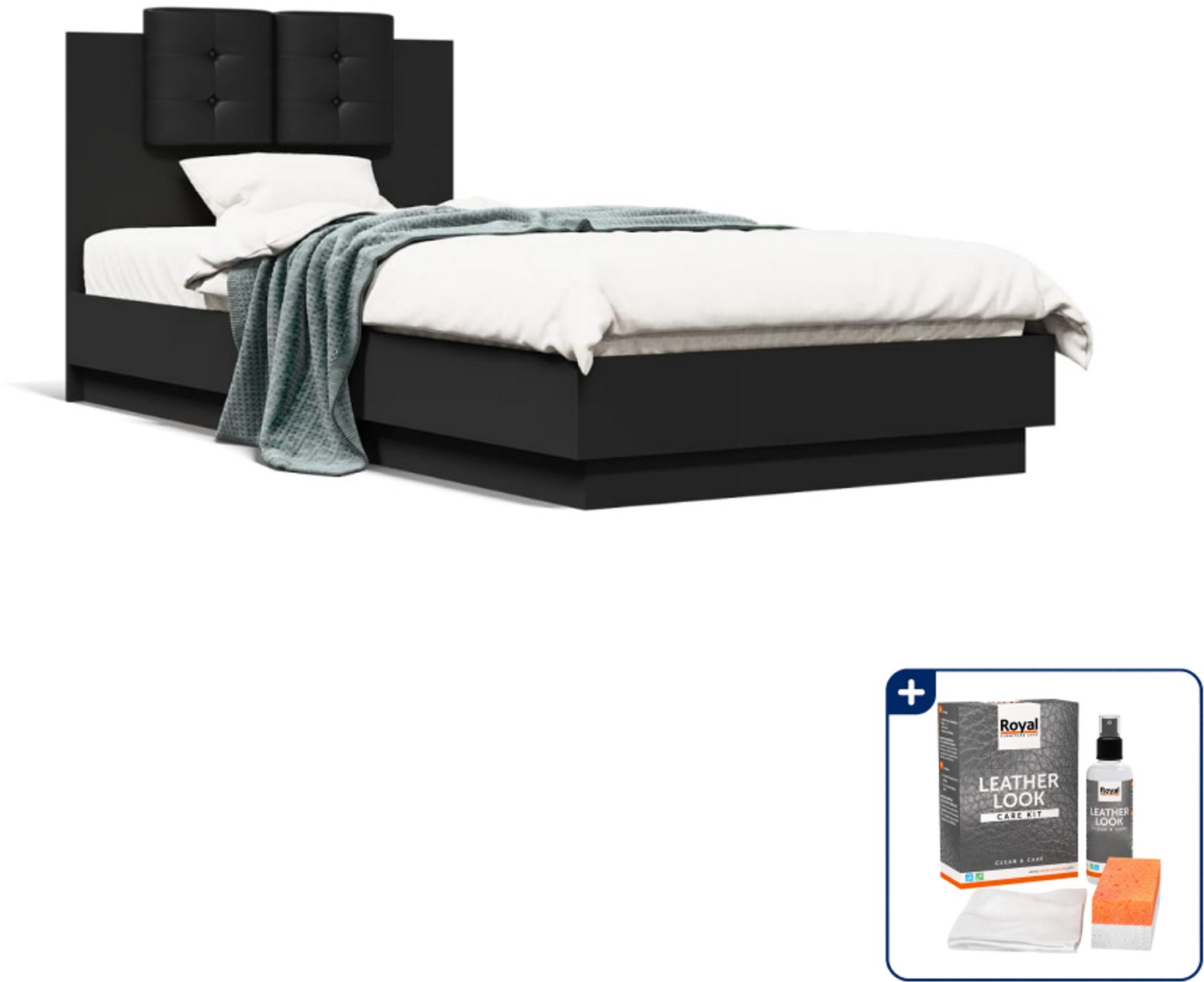 vidaXL bedframe met hoofdbord - 100 x 200 cm - bewerkt hout - zwart - Inclusief onderhoudsset voor kunstleer 150 ml Bruin