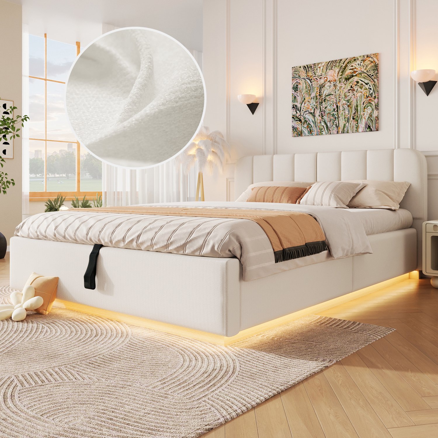 Zubaliya Gestoffeerd bed - 140 x 200 cm - Beige - chenille, multiplex - Hydraulische opbergruimte - LED-verlichting - Lattenbodem