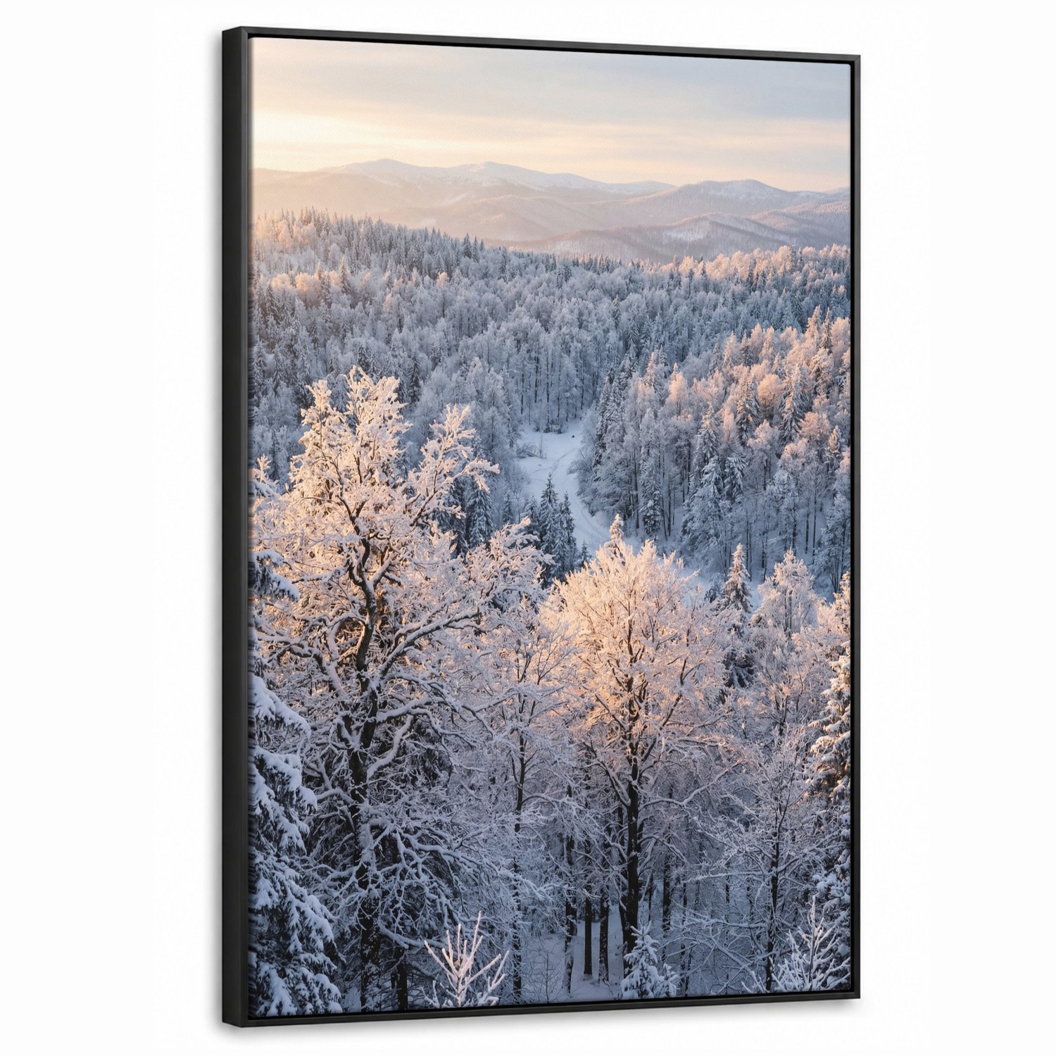 Canvas Schilderij met Baklijst 60x90cm - Bos - Bergen - Goud - Winter - Warm - Muurdecoratie woonkamer - Slaapkamer decoratie - Kamer accessoires - Schilderijen op canvas met lijst