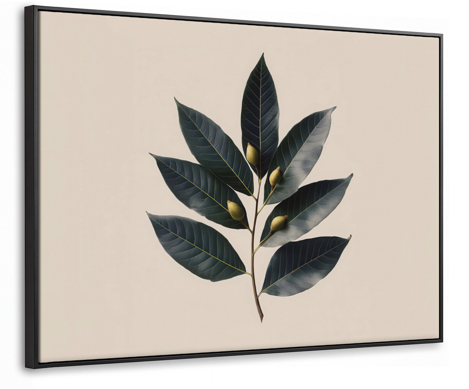Canvas Schilderij met Baklijst 70x50cm - Laurierbladeren - Bloemknoppen - subtiel - Muurdecoratie woonkamer - Slaapkamer decoratie - Kamer accessoires - Schilderijen op canvas met lijst