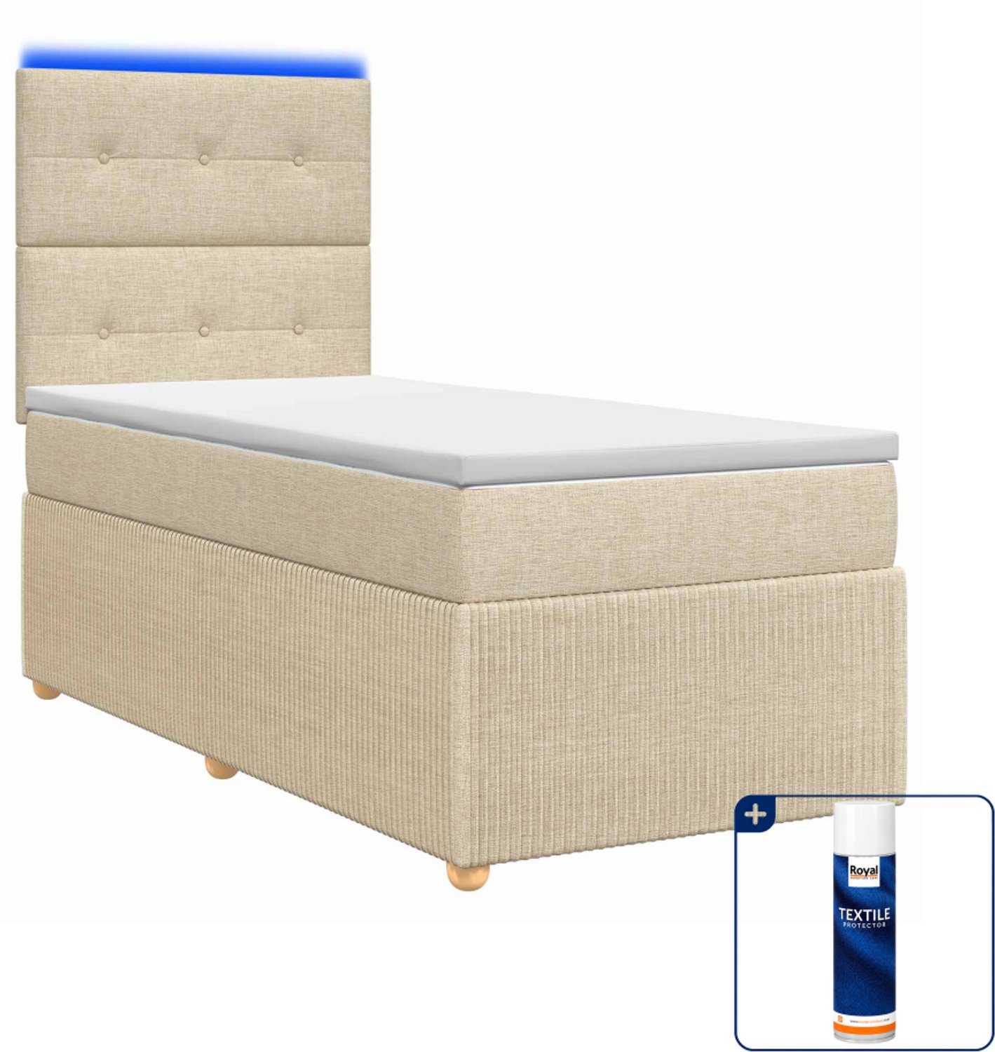 vidaXL LED boxspringbed - 90 x 190 cm - stof - crèmekleurig - Inclusief textielbeschermer 500 ml