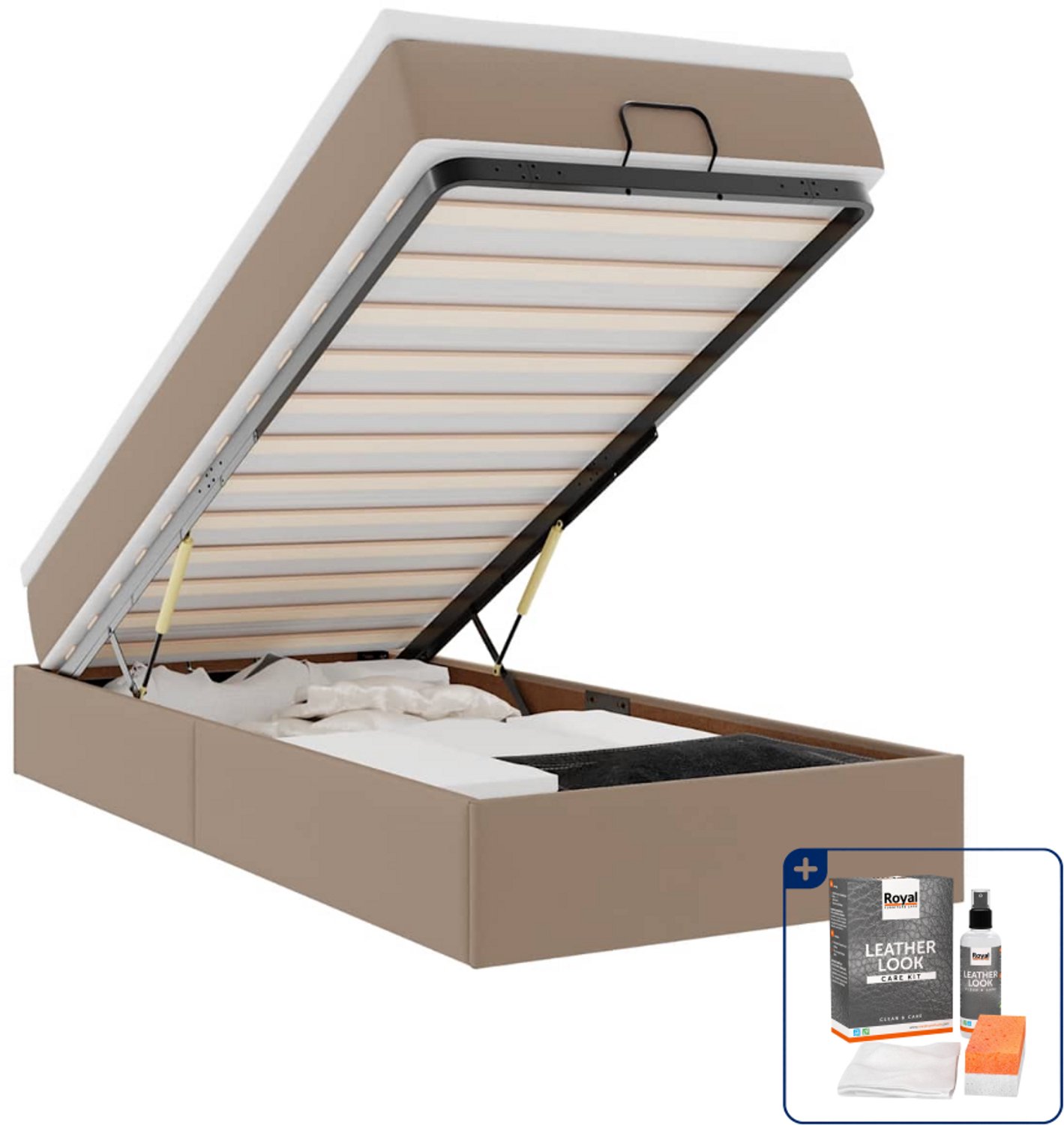vidaXL ottoman bed met matras - 90 x 190 cm - kunstleer - cappuccino - Inclusief onderhoudsset voor kunstleer 150 ml Grijs
