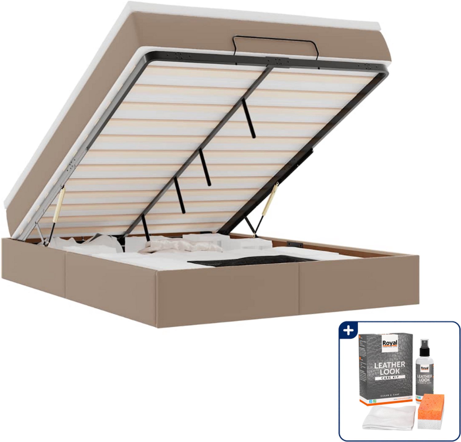 vidaXL ottoman bed met matras 140 x 190 cm - kunstleer - cappuccino - Inclusief onderhoudsset voor kunstleer 150 ml Crème