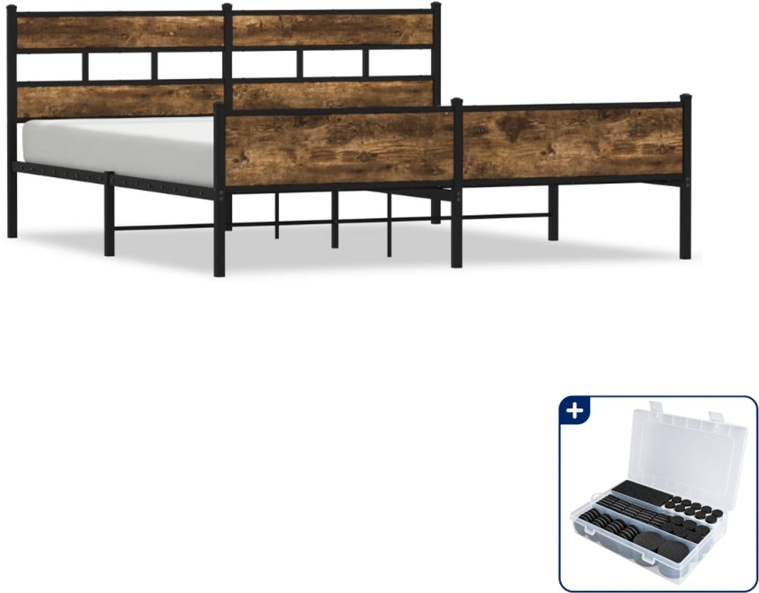 vidaXL Bedframe - Kingsize - 180 x 200 cm - staal - gerookt eiken - Inclusief antikrasvilt 177-delig Zwart
